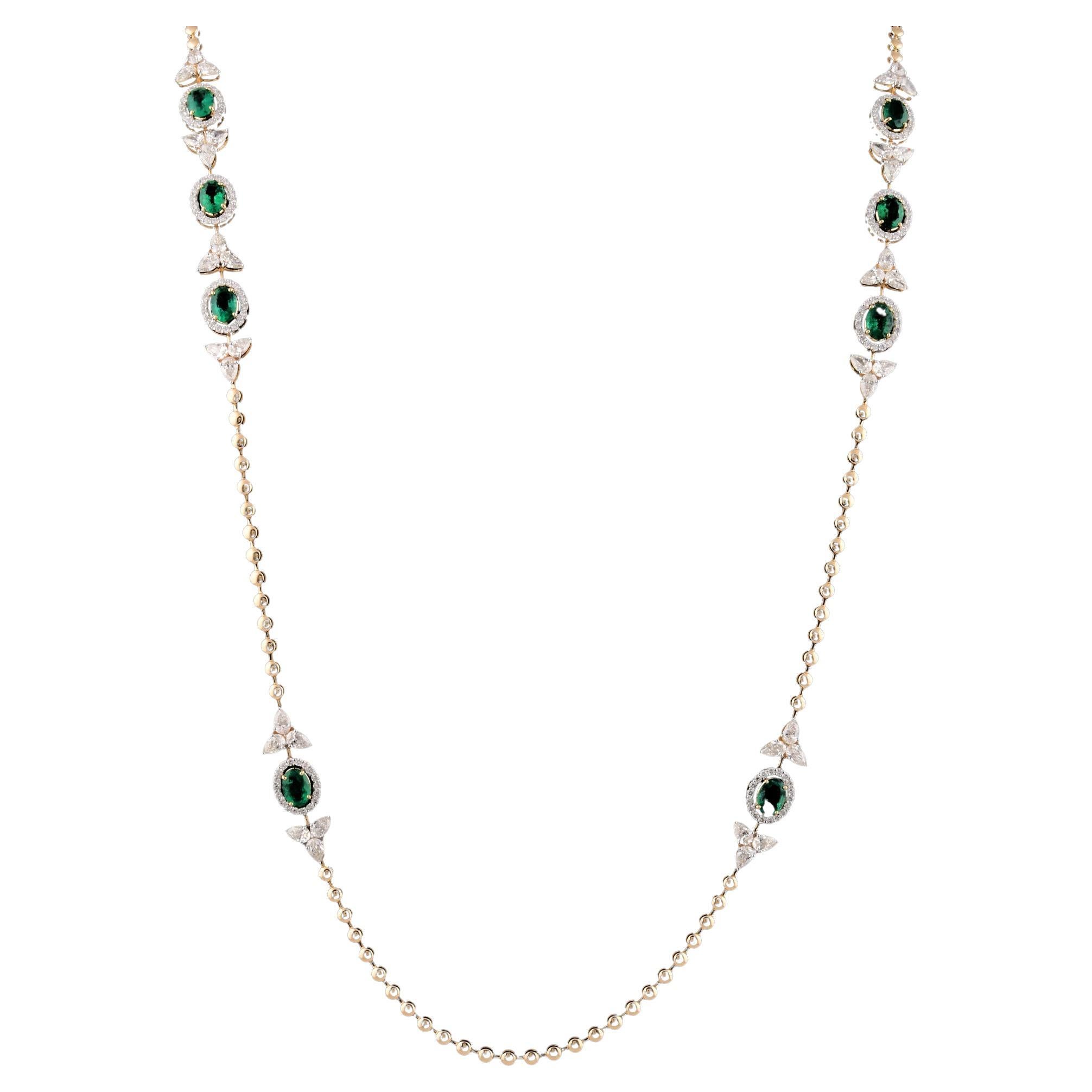 Art Déco TCW 13.61 Zambian Emerald Diamond 14 Karat Yellow Gold Collana Gioielli a catena in vendita