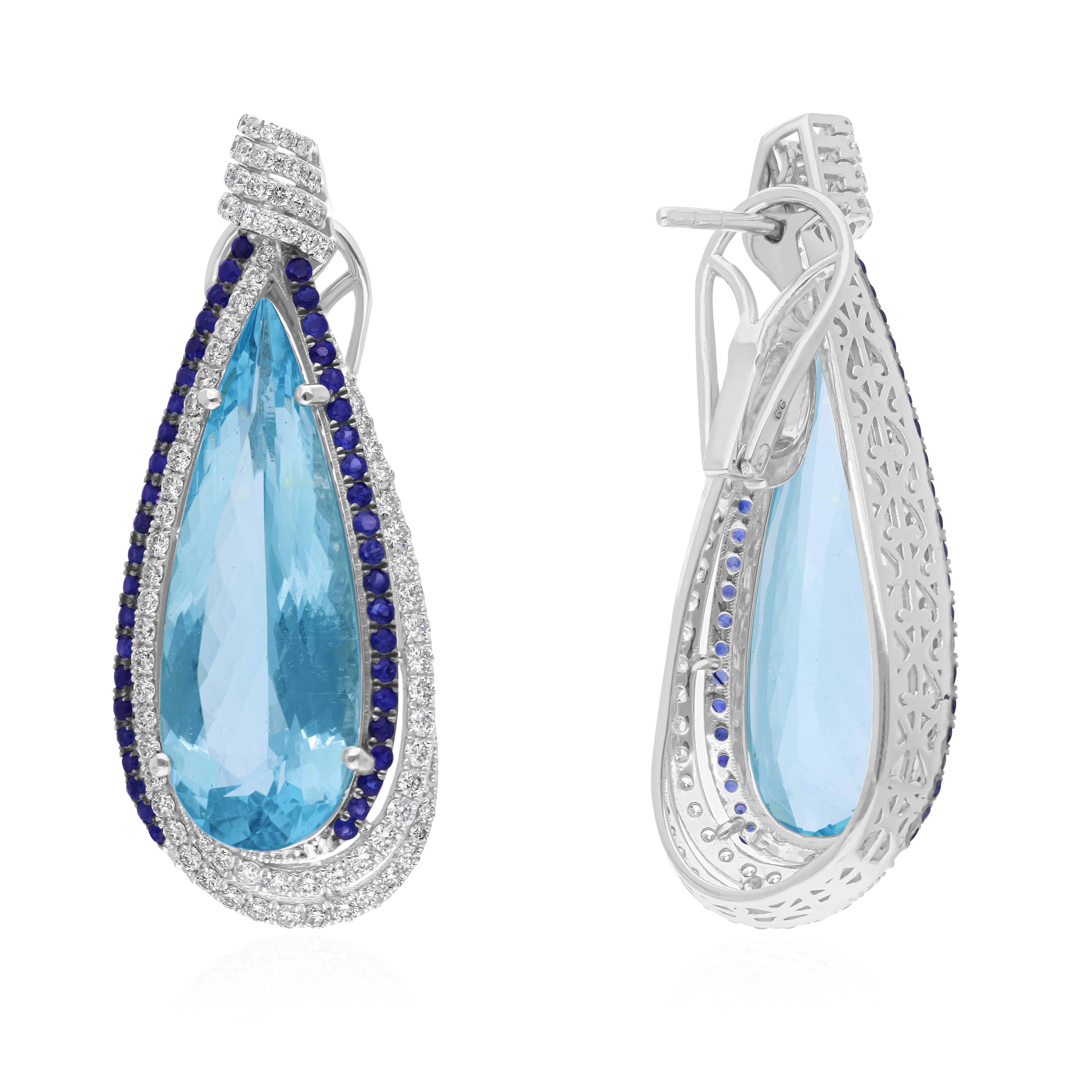 Boucles d'oreilles goutte d'aigue-marine et saphir en or blanc 14k Halo Diamonds TCW 17.11 en vente 1