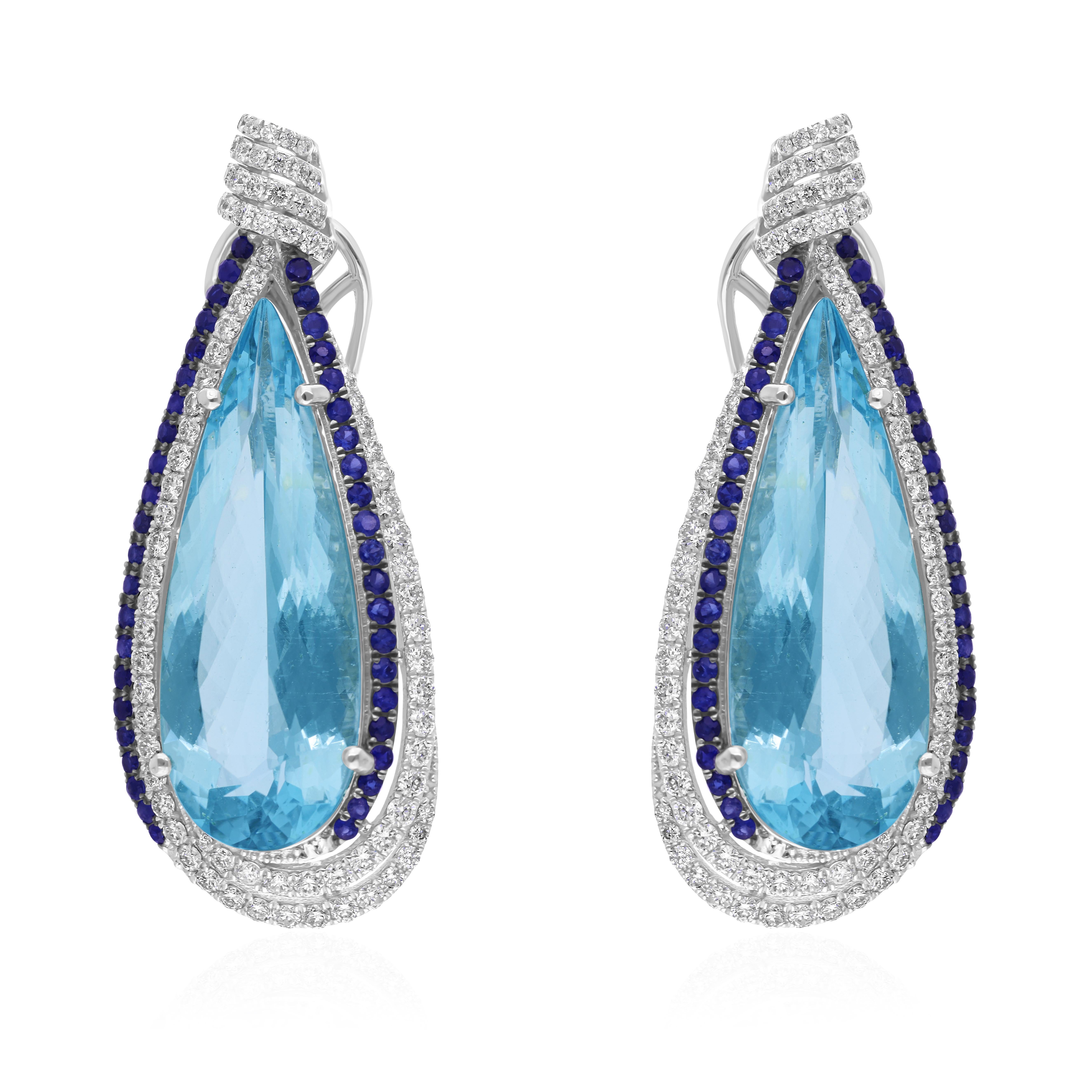 Boucles d'oreilles goutte d'aigue-marine et saphir en or blanc 14k Halo Diamonds TCW 17.11 en vente 2