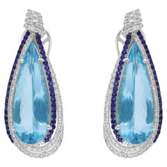 Boucles d'oreilles goutte d'aigue-marine et saphir en or blanc 14k Halo Diamonds TCW 17.11