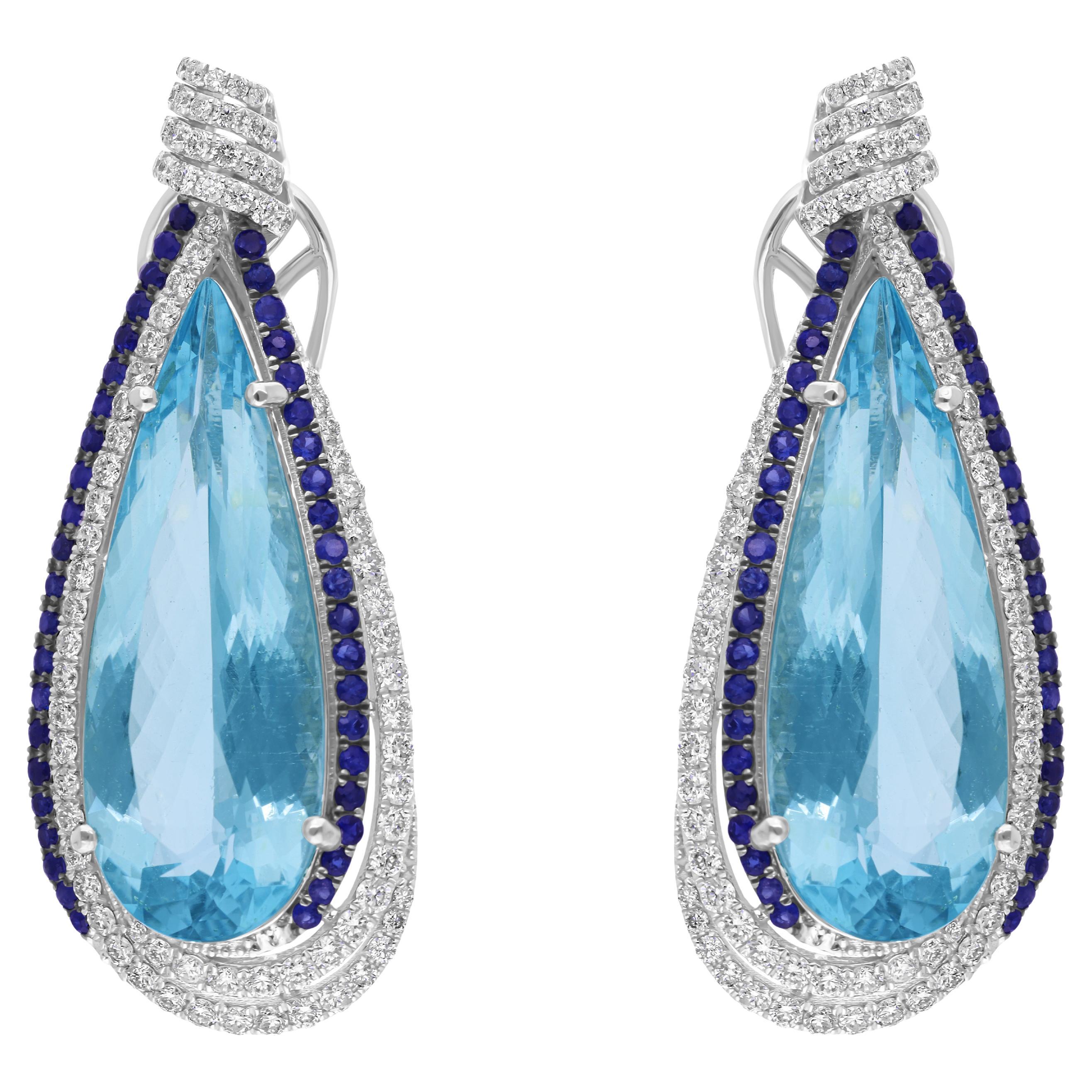 Boucles d'oreilles goutte d'aigue-marine et saphir en or blanc 18k Halo Diamants TCW 17.11