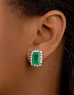 Spectrum Jewels TCW 17.69 Emerald SI/H Diamond Halo 18k White Gold Stud Earrings