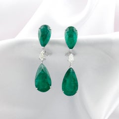 TCW 40.75 Pear Zambian Emerald Diamond Drop Earrings 14k White Gold Jewelry