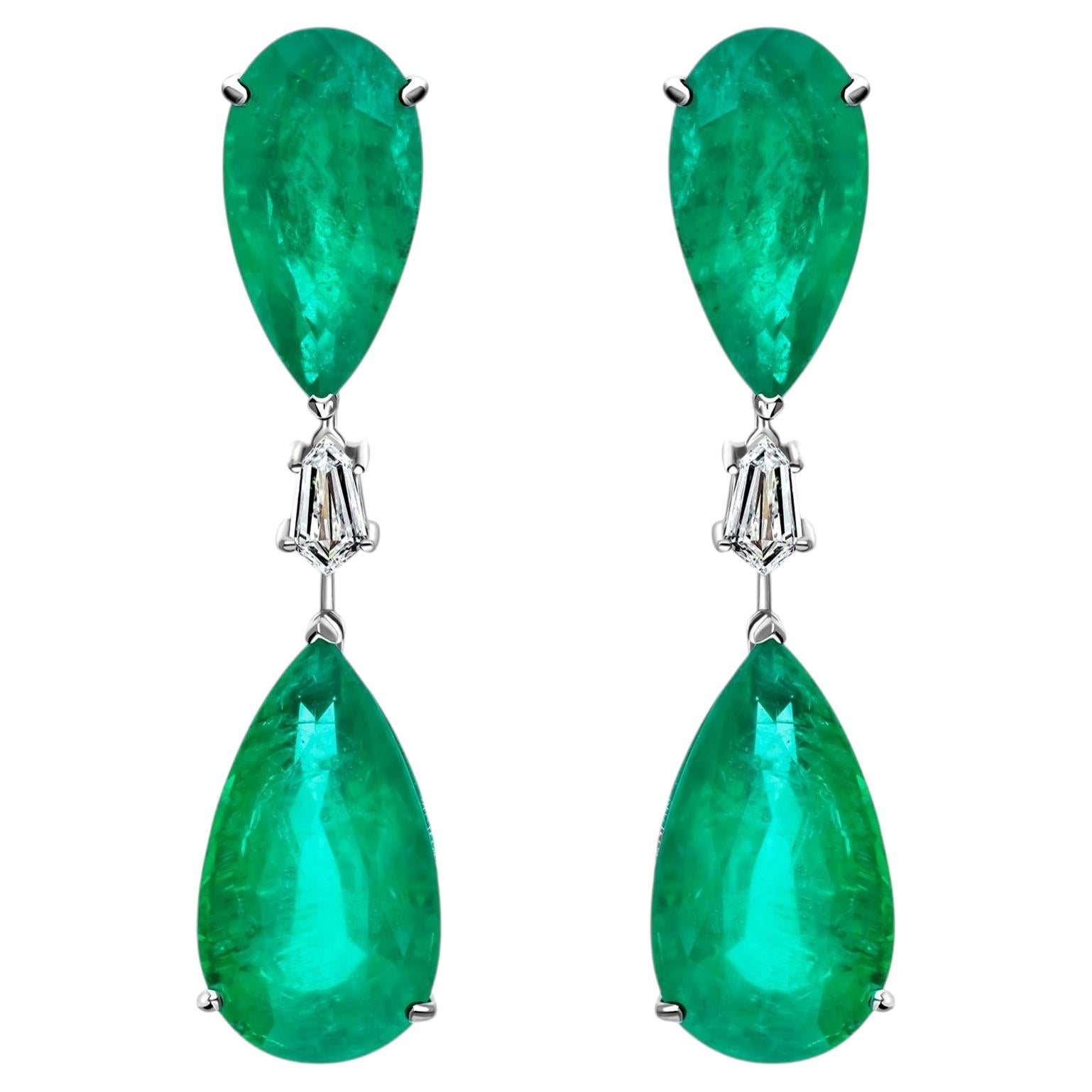 TCW 40.75 Pear Zambian Emerald Diamond Drop Earrings 14k White Gold Jewelry For Sale