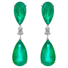 TCW 40.75 Pear Zambian Emerald Diamond Drop Earrings 14k White Gold Jewelry