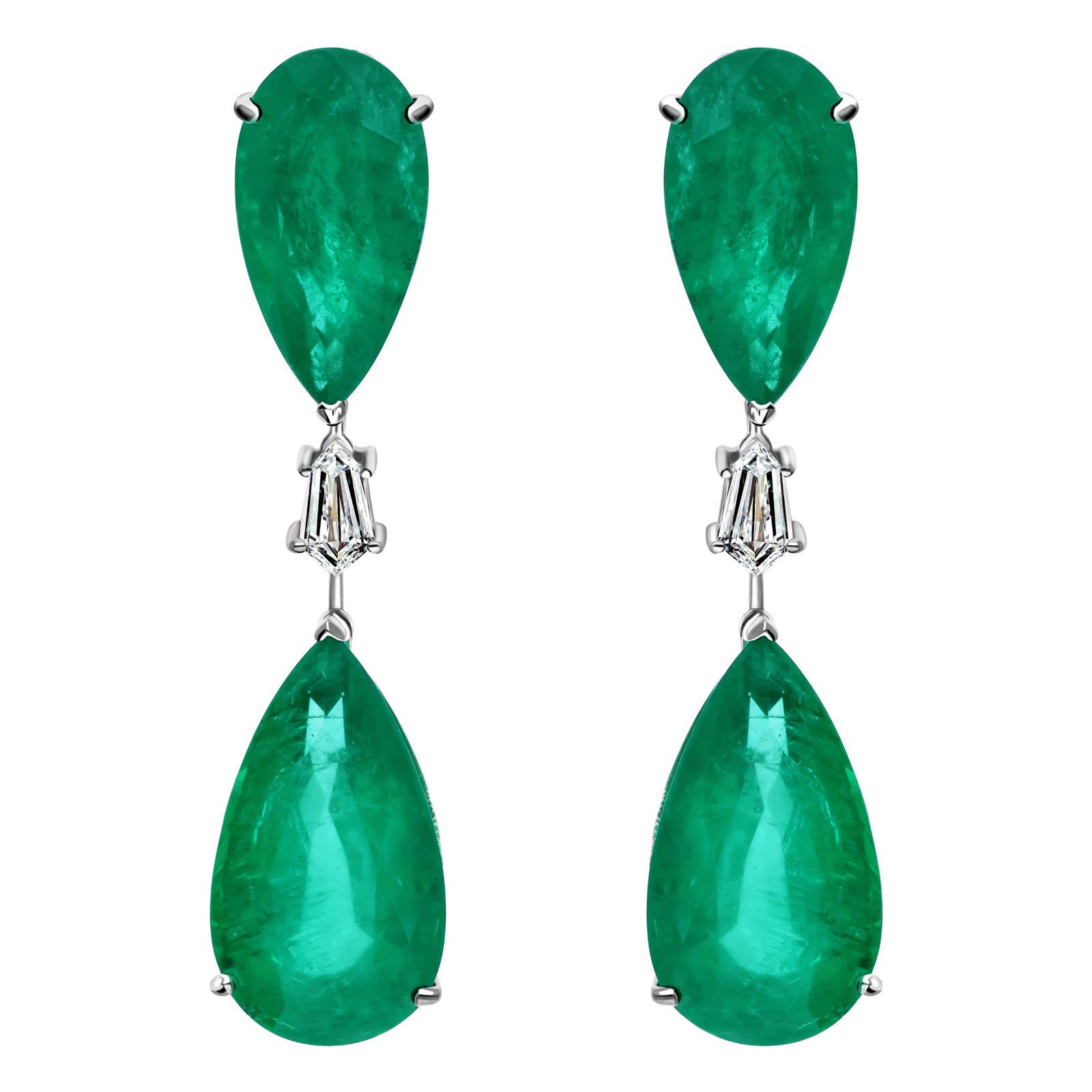 Natural Emerald and Diamond Drop Earrings in 18K White Gold 40.01 Carats Emerald