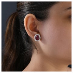 TCW 7.63 Natural Ruby Halo Diamond Stud Earrings 18 Karat White Gold Jewelry