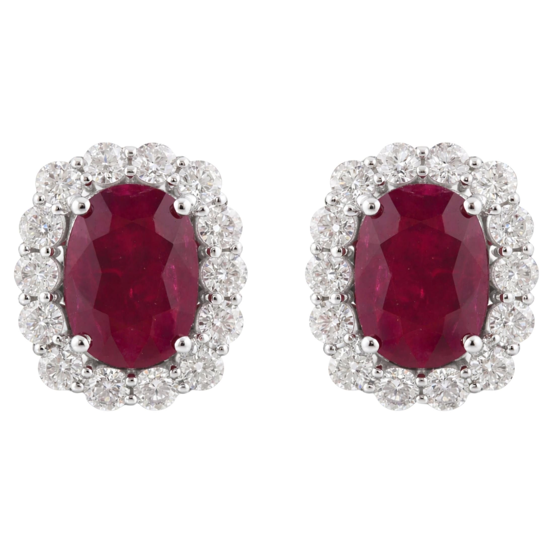 Natural Ruby and Diamond Halo Stud Earrings 5.78 Carats in 18K White Gold