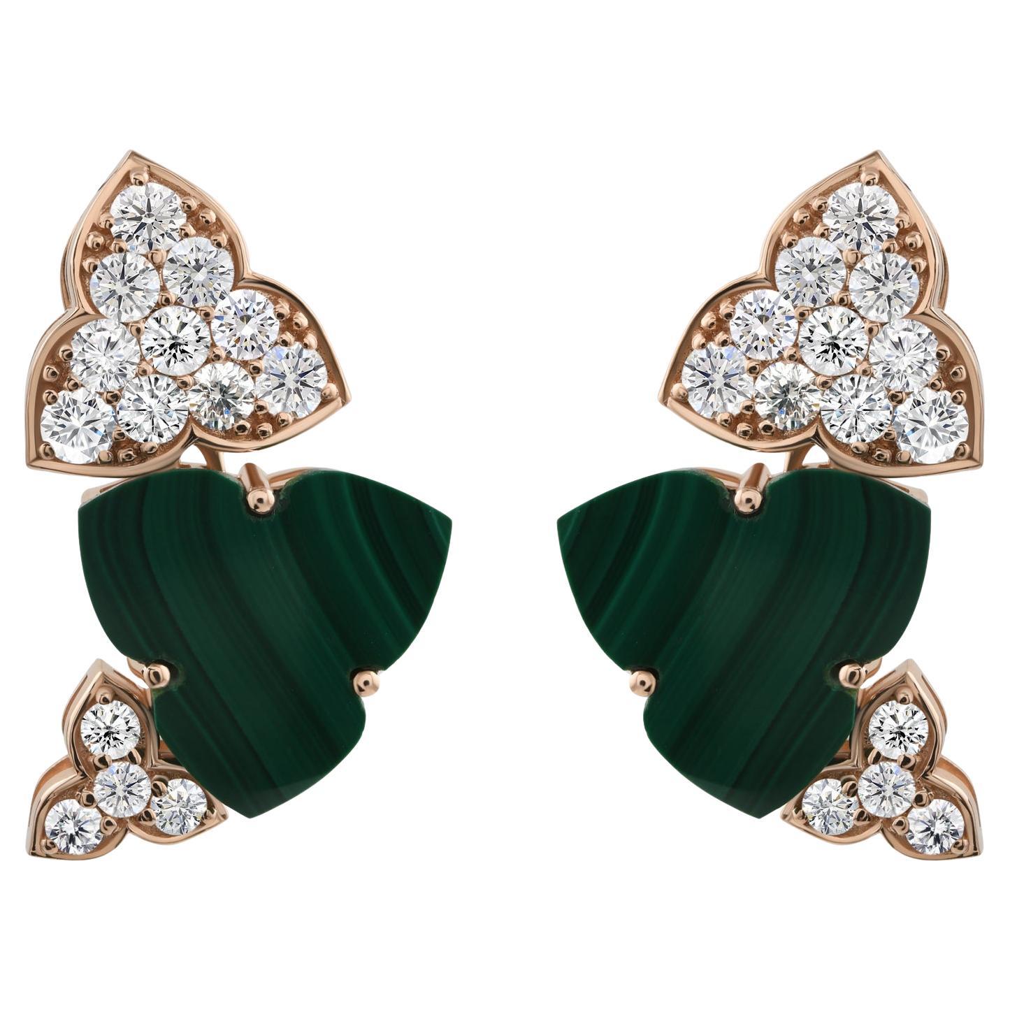 Ohrringe in Form eines Schmetterlings aus Naturdiamanten und Malachit in 18-karätigem Roségold mit 1,8 Karat Diamanten