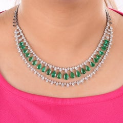 28.71 TCW Emerald Pear Drop Bridal Necklace with Diamond Halo 18k White Gold
