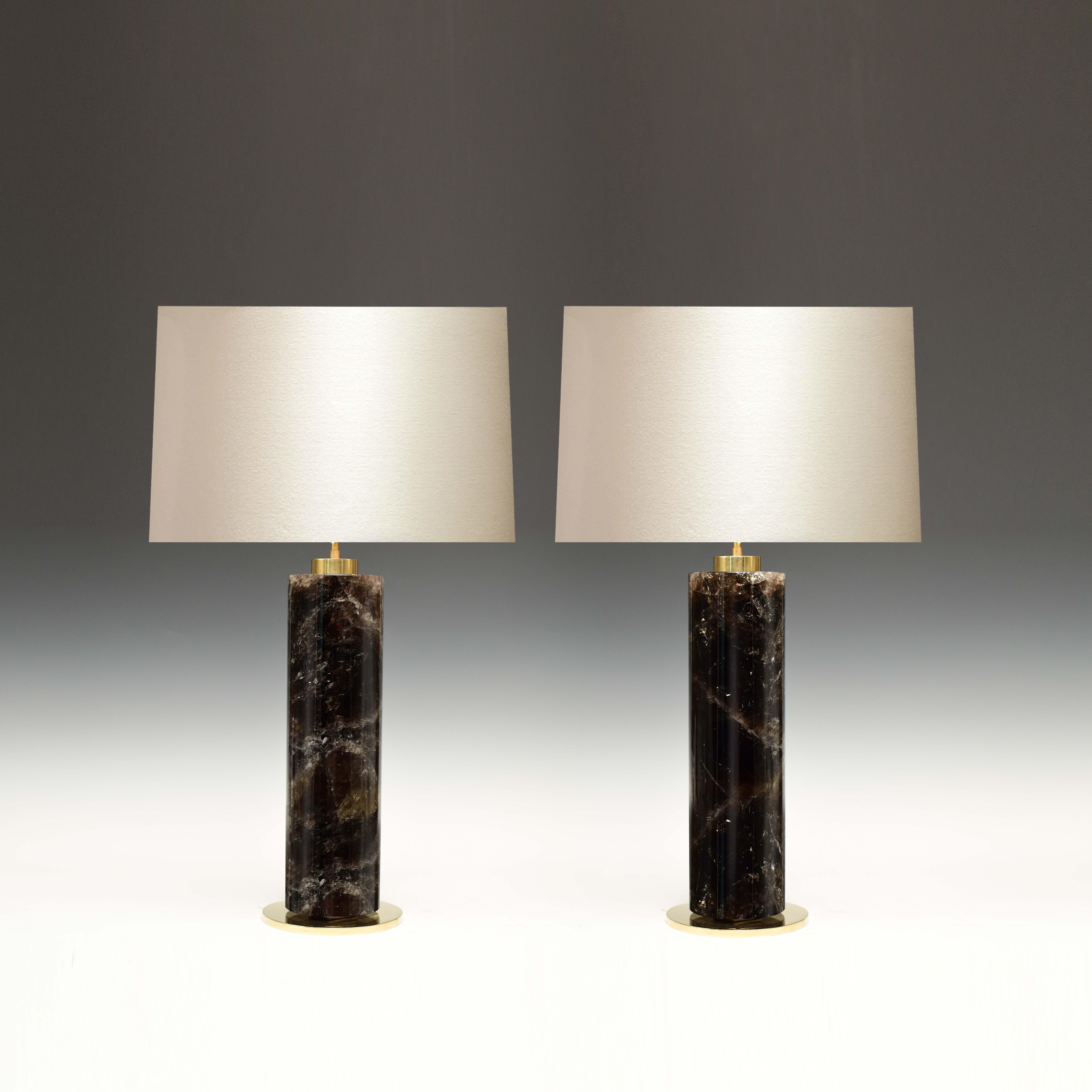 Square column form dark rock crystal lamps with the polish brass base. Created by Phoenix, NYC. 
To the top of the rock crystal: 18