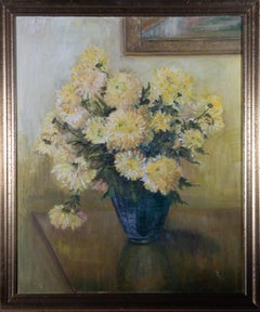 T.E - Gerahmtes Ölgemälde des 20. Jahrhunderts, gelbe Chrysanthemen