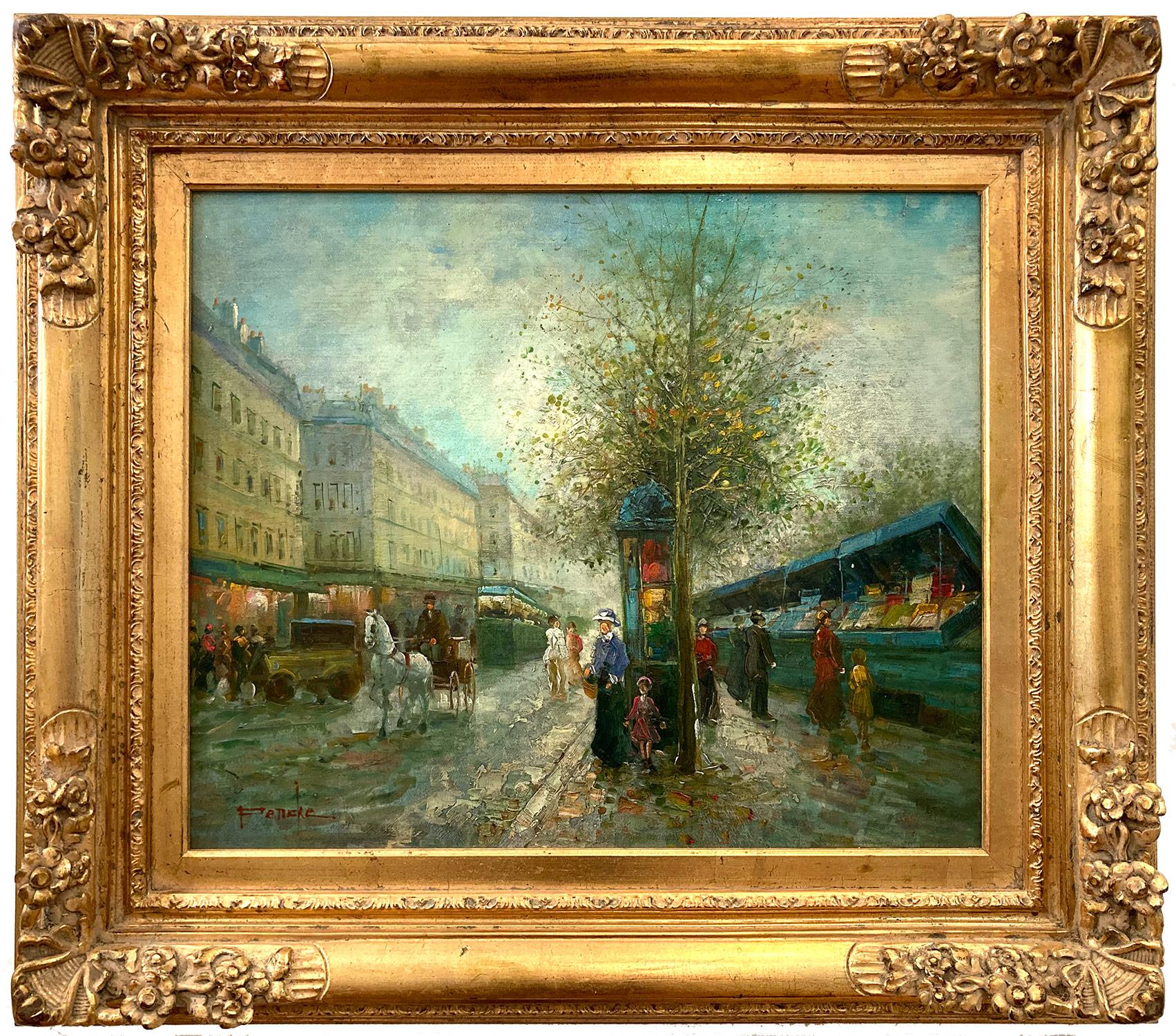 Te Pencke Figurative Painting - "Along the Seine" Post-Impressionist Parisian Street Scene Oil Painting Canvas
