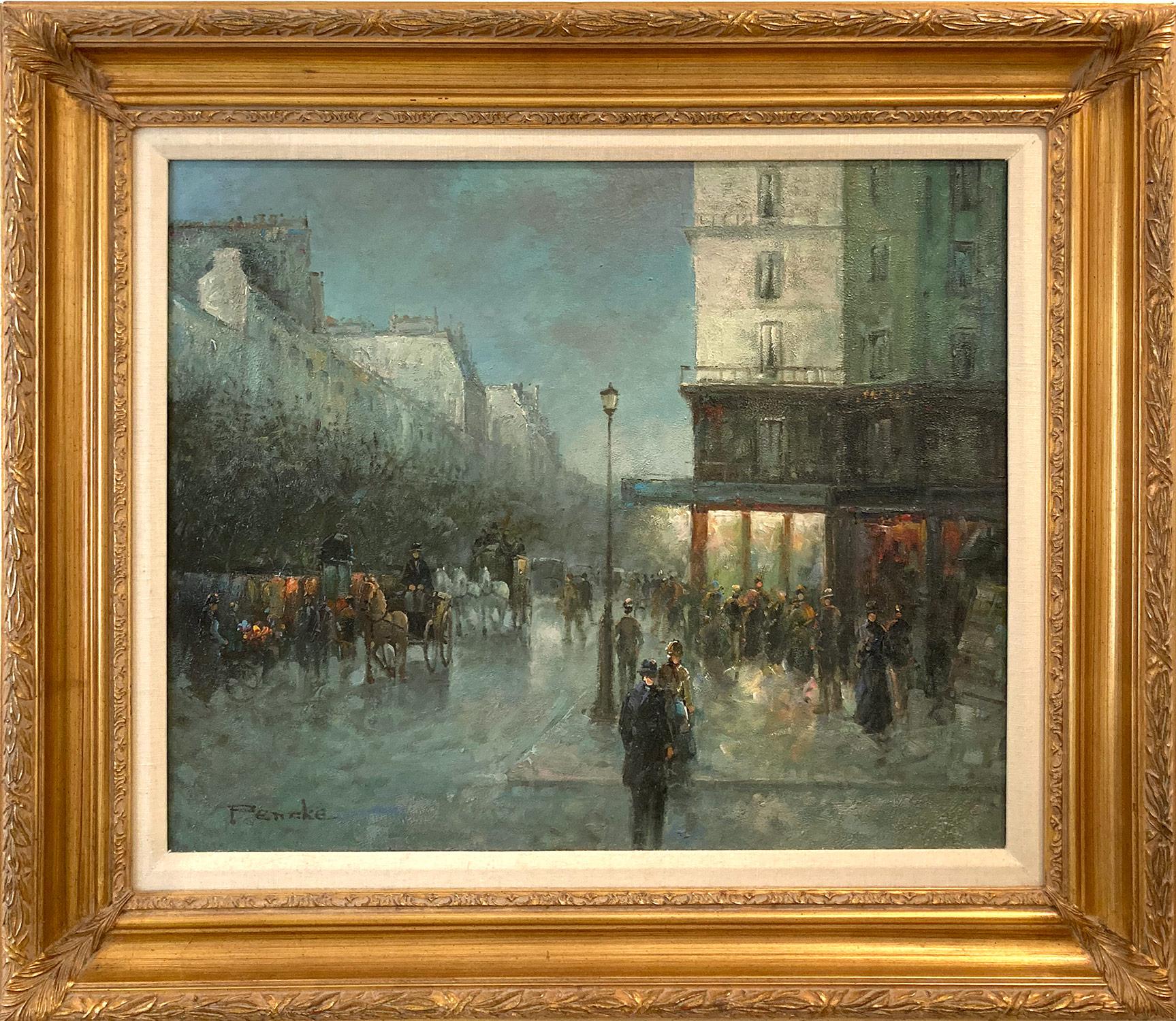 Landscape Painting di Te Pencke - "Boulevard a Paris At Twilight", scena di strada impressionista dipinta a olio su tela