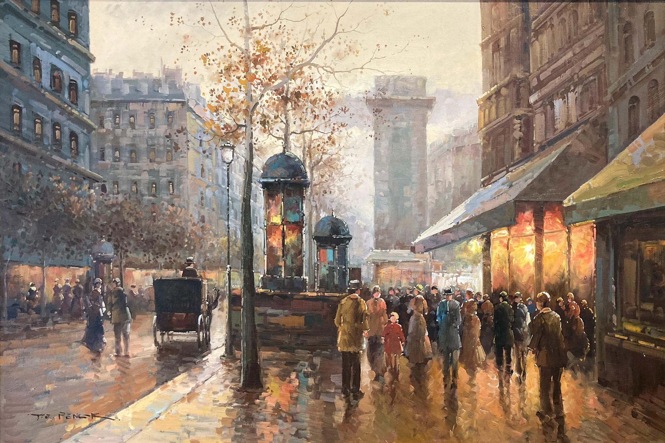 A beautiful oil on canvas painting by the French artist, Te Pencke. Pencke was a Parisian painter known for his colorful cityscapes depicting the times of his generation. His work is comparable to those of Jules Herve, Antoine Blanchard and Edouard