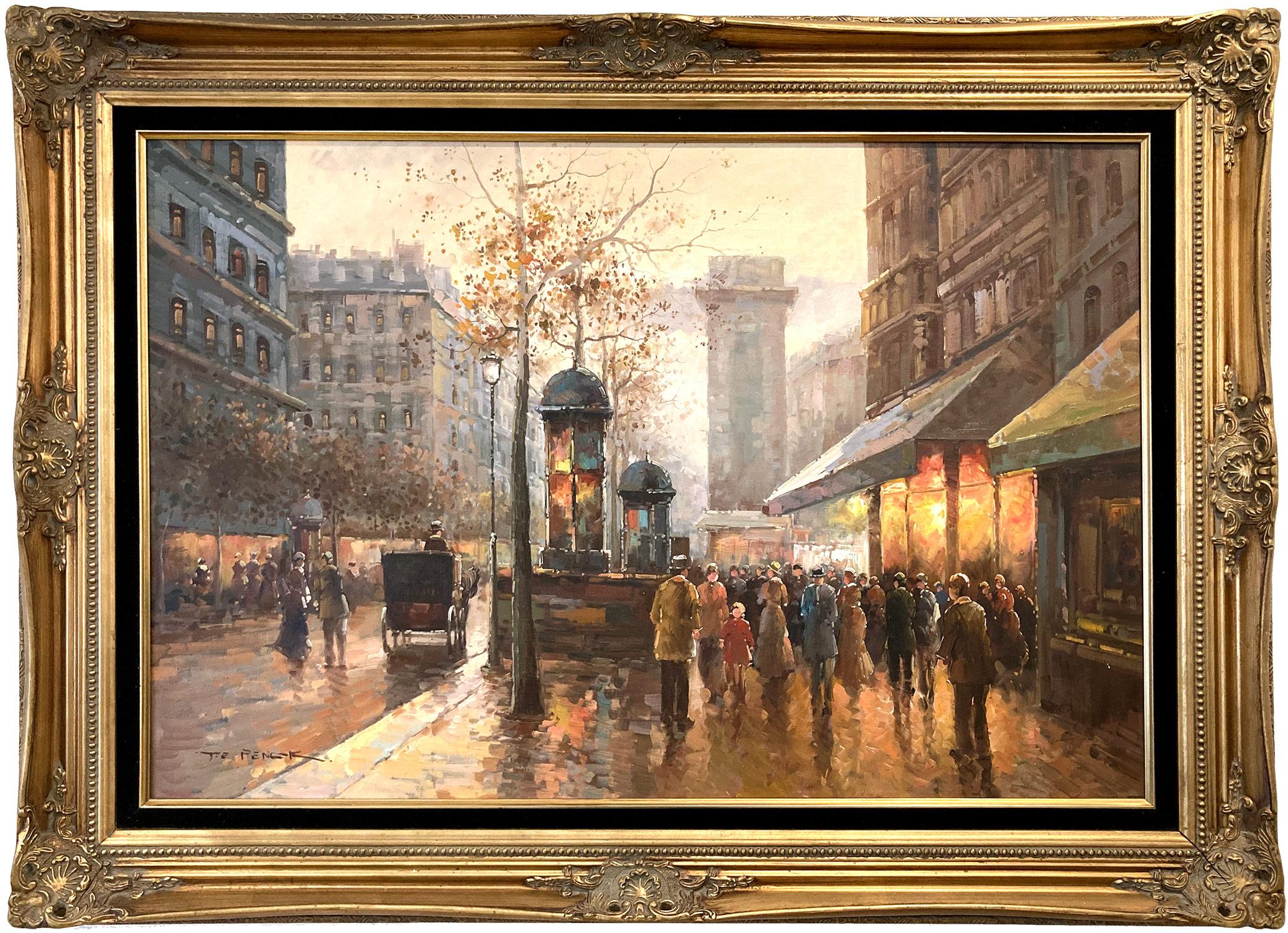 Te Pencke Landscape Painting - "Boulevard a Paris" Post-Impressionist Parisian Street Scene Oil Painting Canvas