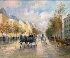 "Carriages at Grands Boulevards" Post-Impressionist Parisian City Street Scene