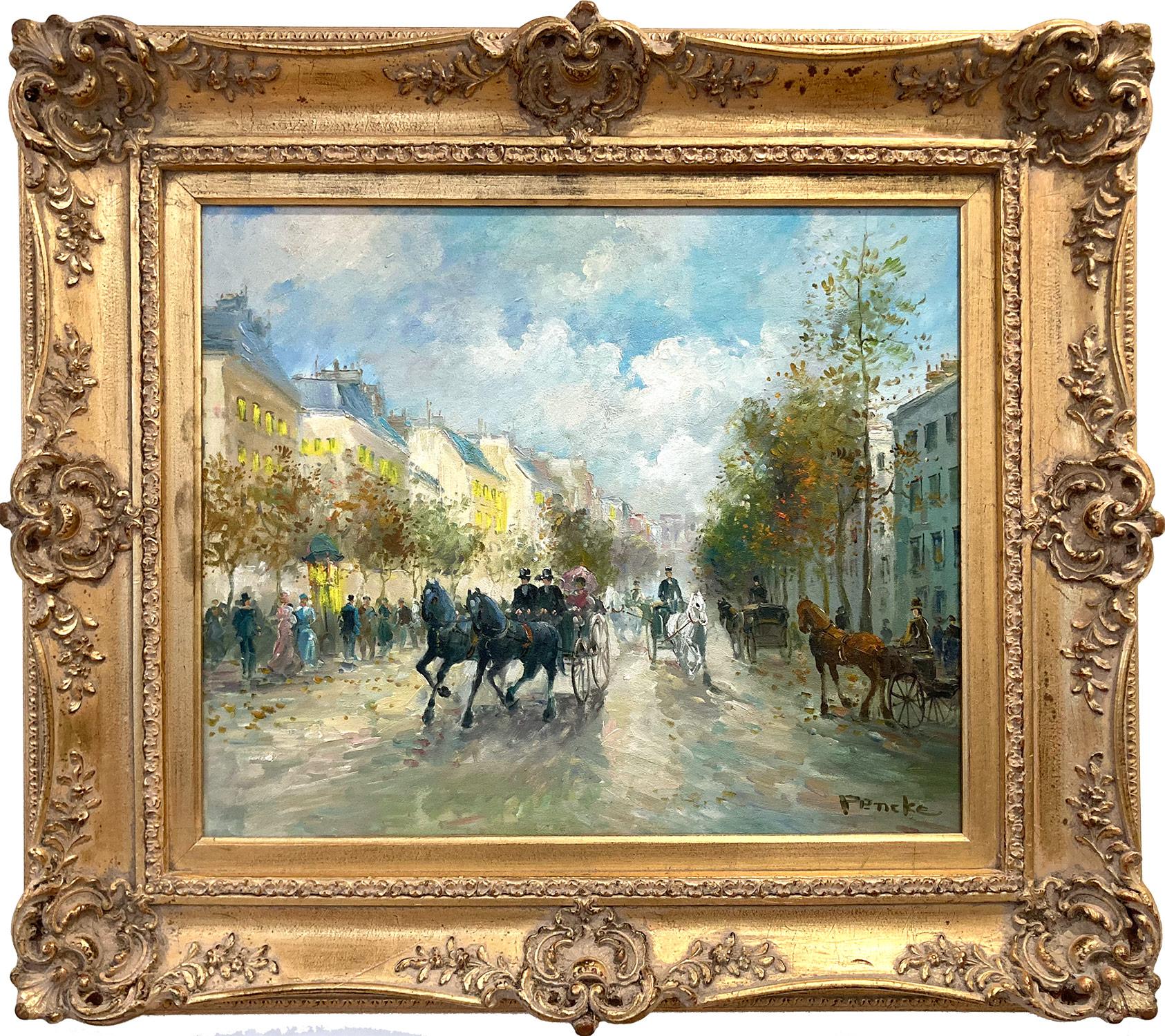 Landscape Painting di Te Pencke - "Carriages at Grands Boulevards" Post-Impressionist Parisian City Street Scene