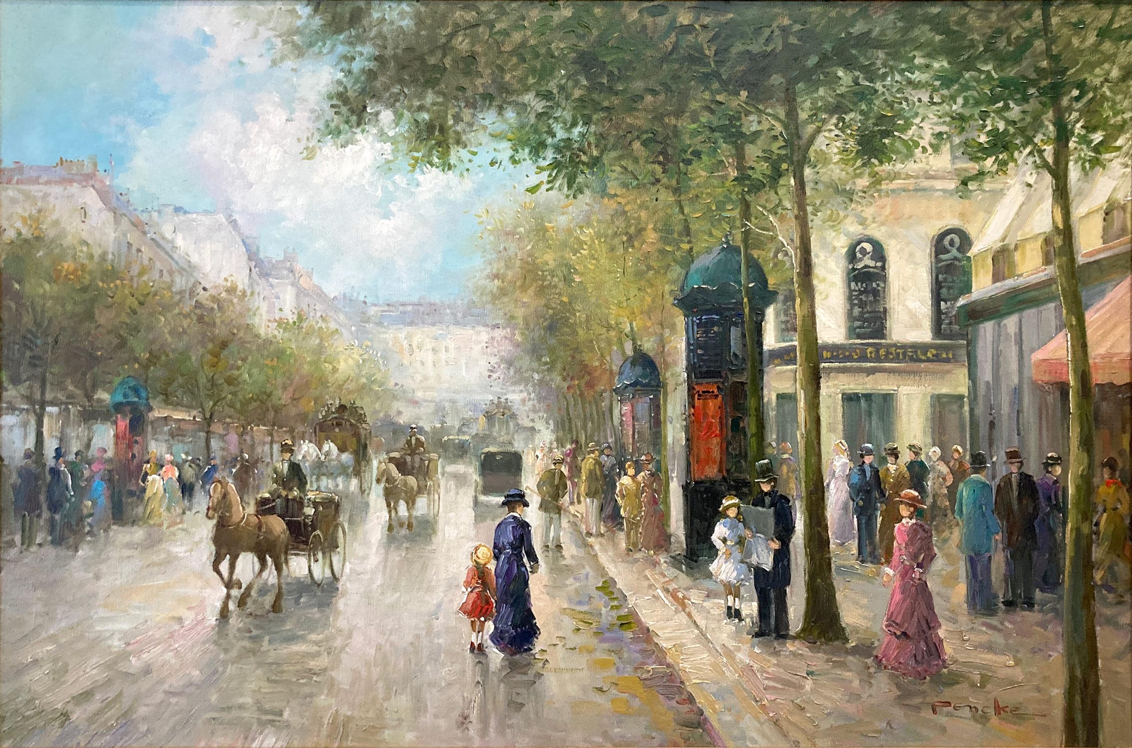 « City Life at The Grands Boulevards », scène de rue parisienne post-impressionniste - Painting de Te Pencke