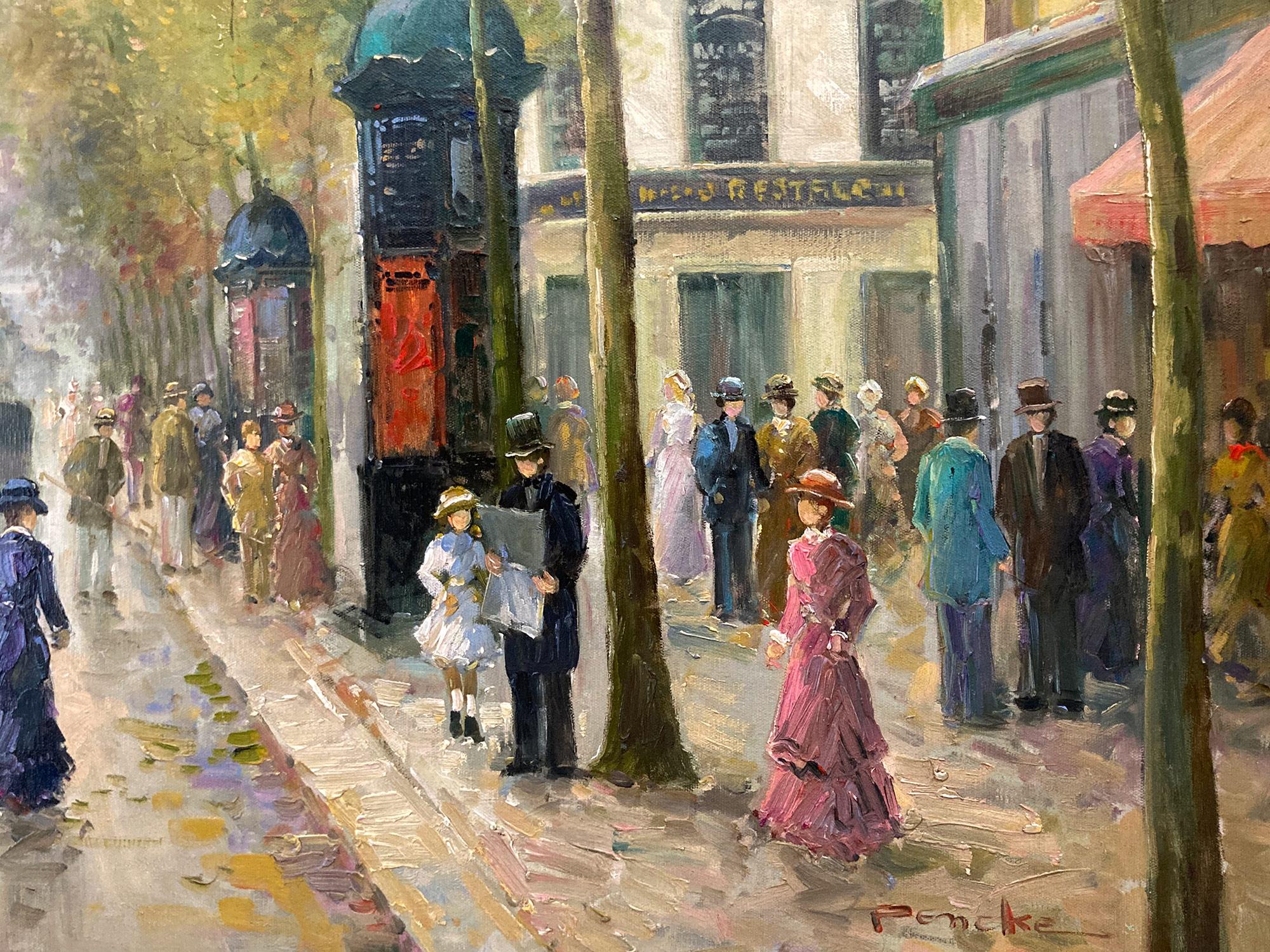 « City Life at The Grands Boulevards », scène de rue parisienne post-impressionniste - Post-impressionnisme Painting par Te Pencke