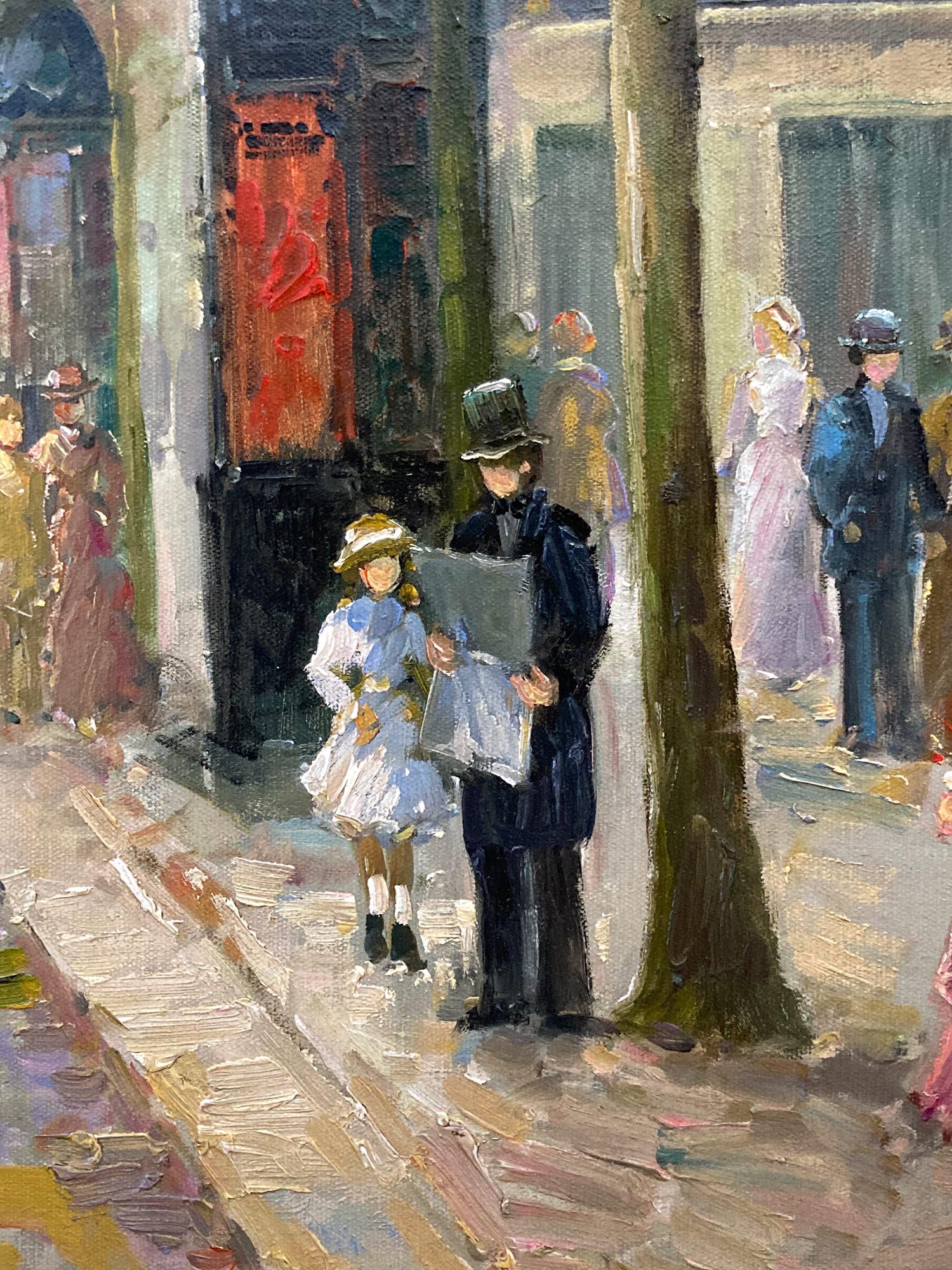 « City Life at The Grands Boulevards », scène de rue parisienne post-impressionniste - Marron Figurative Painting par Te Pencke