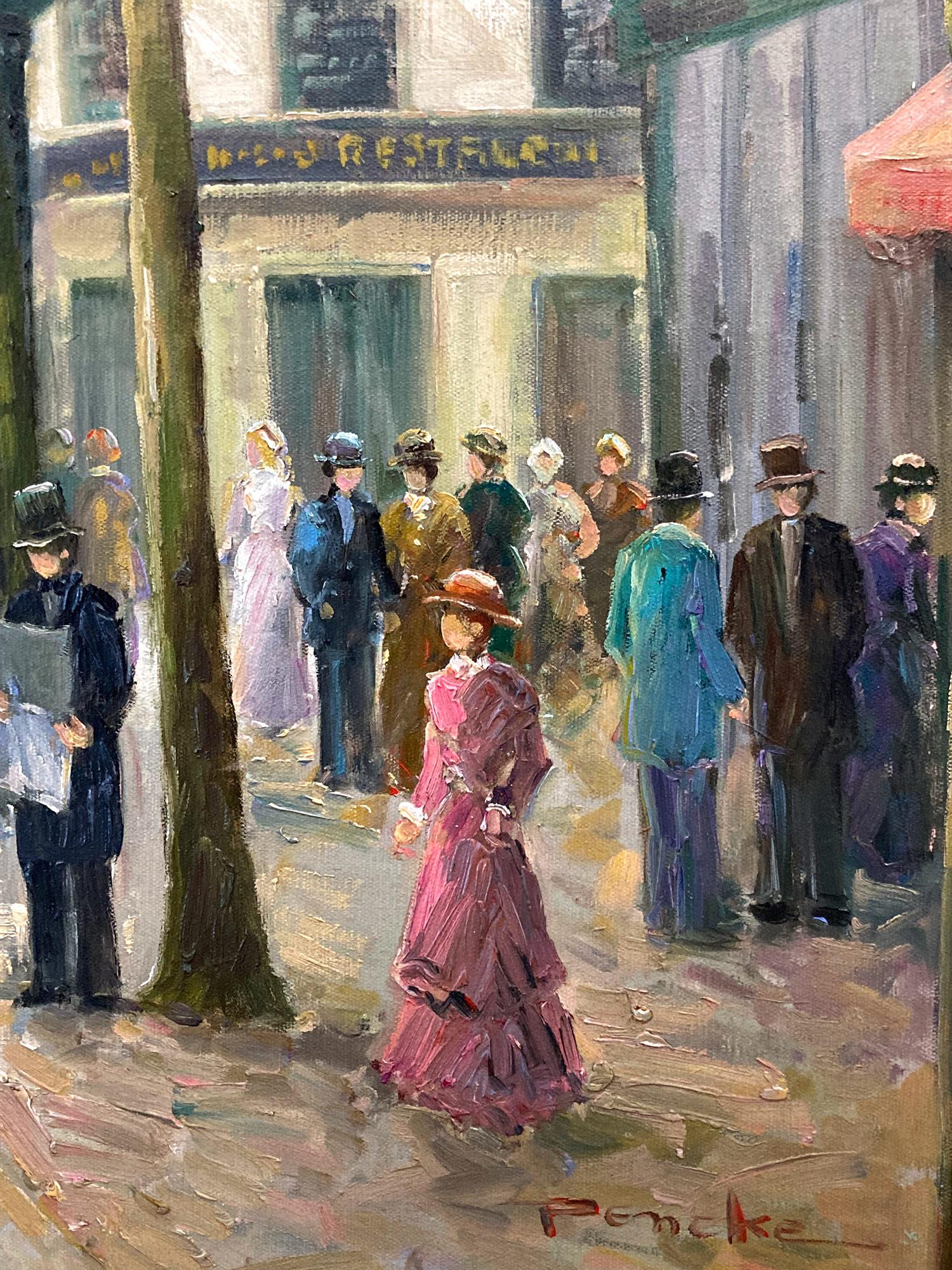 A beautiful oil on canvas painting by the French artist, Te Pencke. Pencke was a Parisian painter known for his colorful cityscapes depicting the times of his generation. His work is comparable to those of Jules Herve, Antoine Blanchard and Edouard