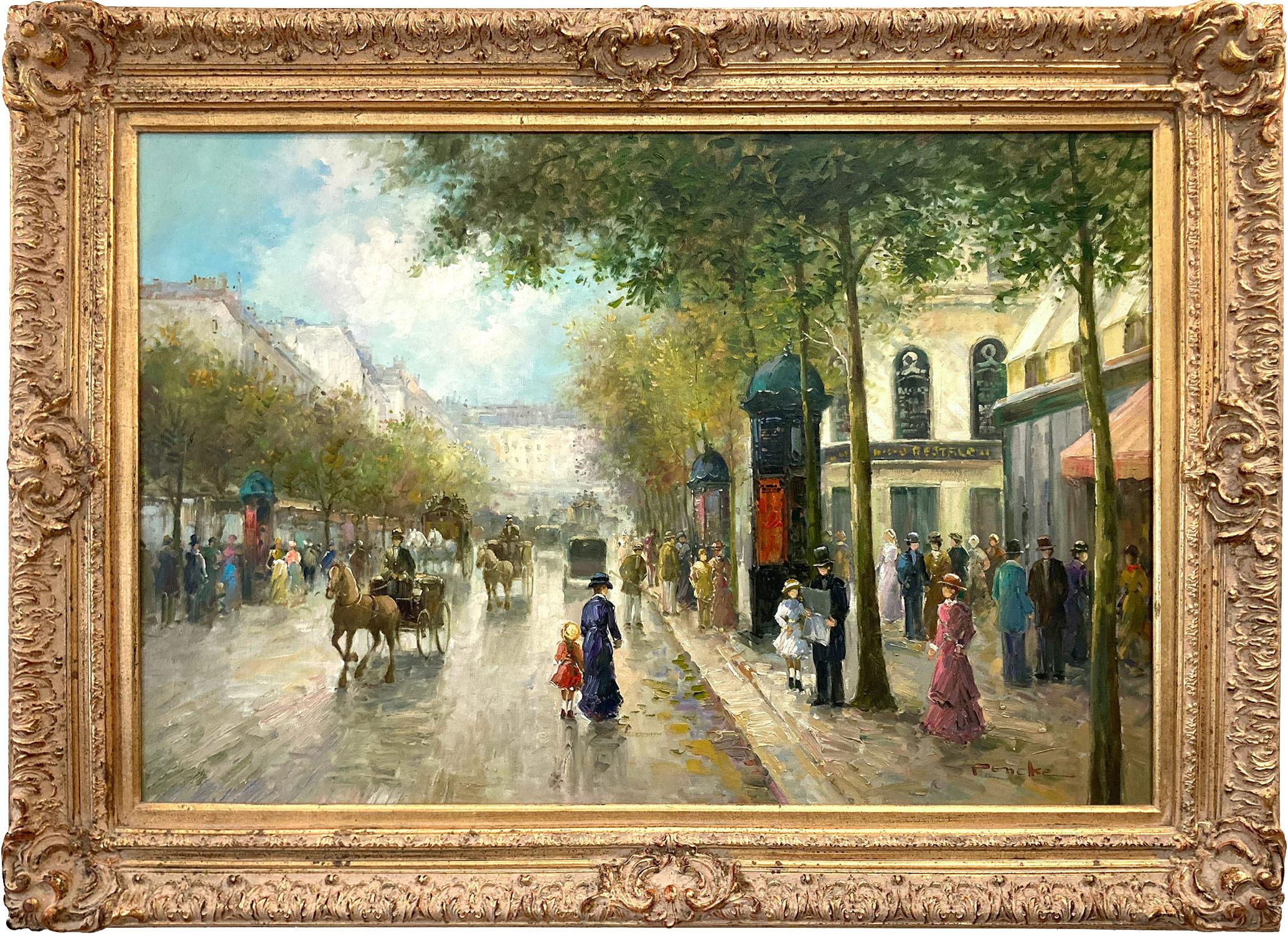Figurative Painting Te Pencke - « City Life at The Grands Boulevards », scène de rue parisienne post-impressionniste