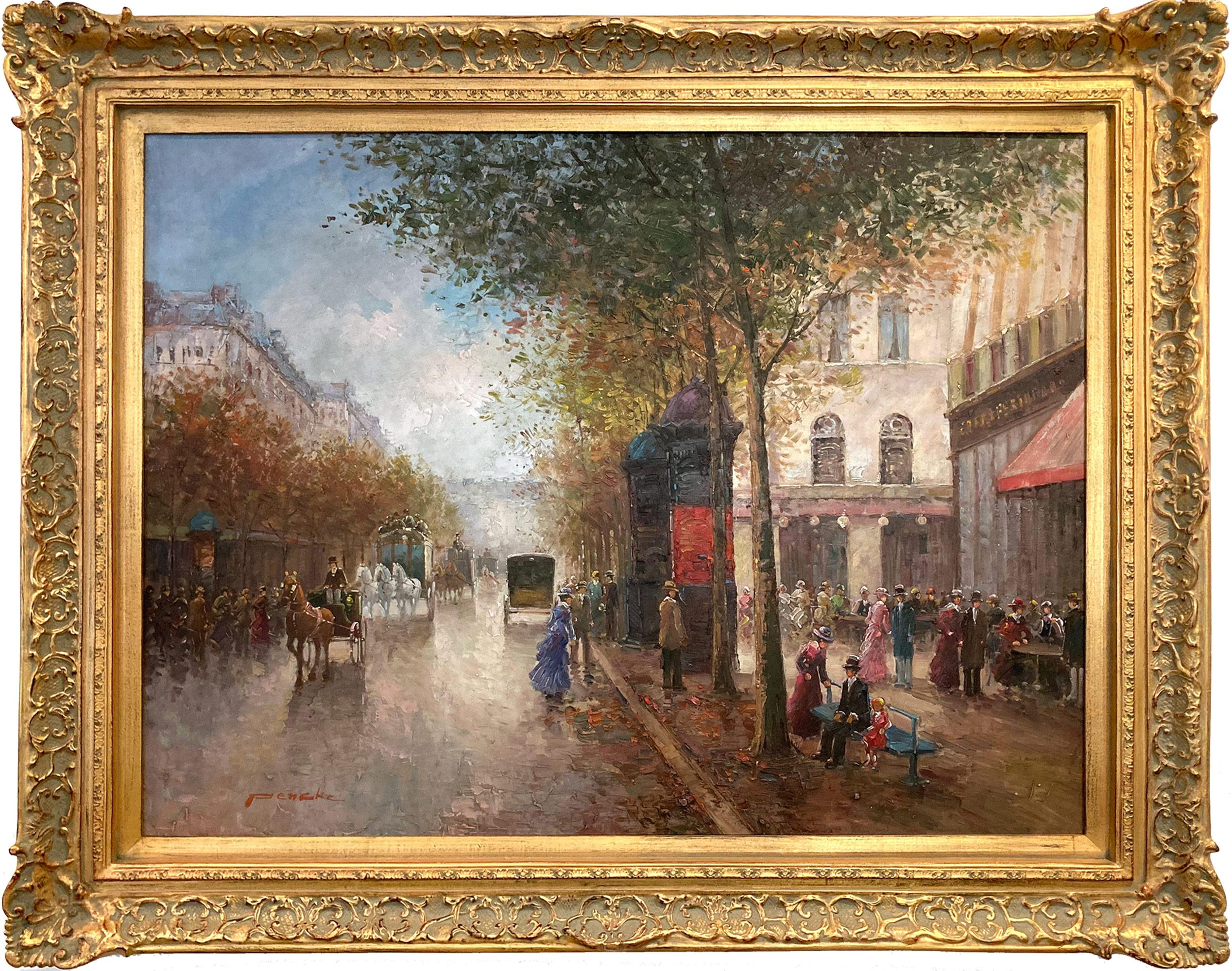 Te Pencke Figurative Painting – "Das Stadtleben auf den Grands Boulevards" Postimpressionistische Pariser Straßenszene