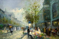"Flower Vendors at Grands Boulevards" Scène de rue post-impressionniste parisienne
