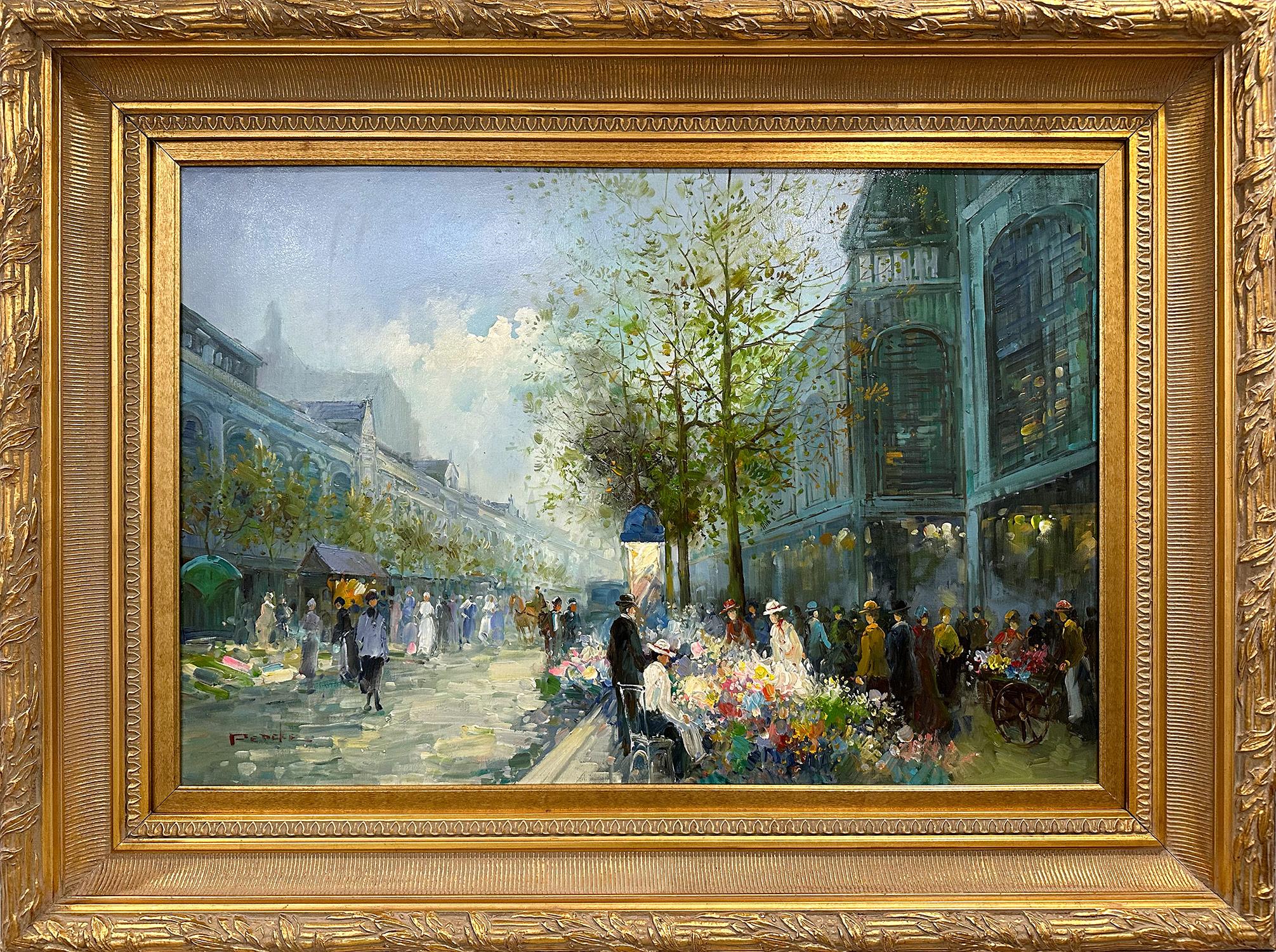 Figurative Painting Te Pencke -  "Flower Vendors at Grands Boulevards" Scène de rue post-impressionniste parisienne