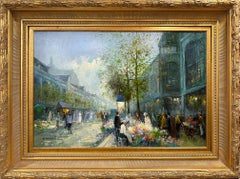 "Flower Sellers in Paris" Peinture à l'huile sur toile post-impressionniste représentant une scène de rue