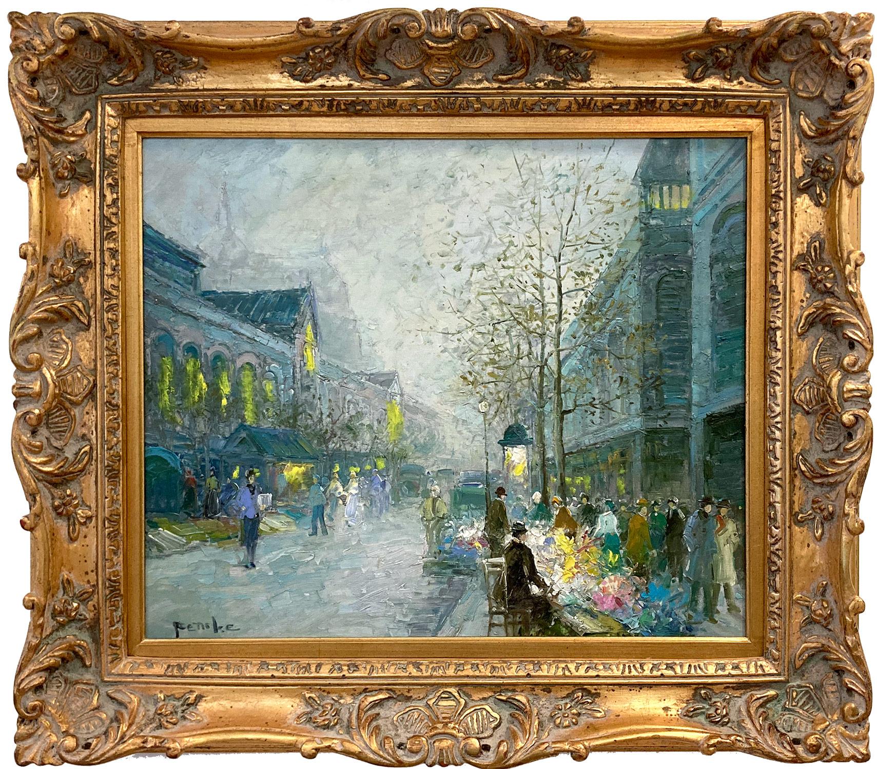 Figurative Painting di Te Pencke - "Venditori di fiori ai Grands Boulevards" Scena di strada parigina post-impressionista
