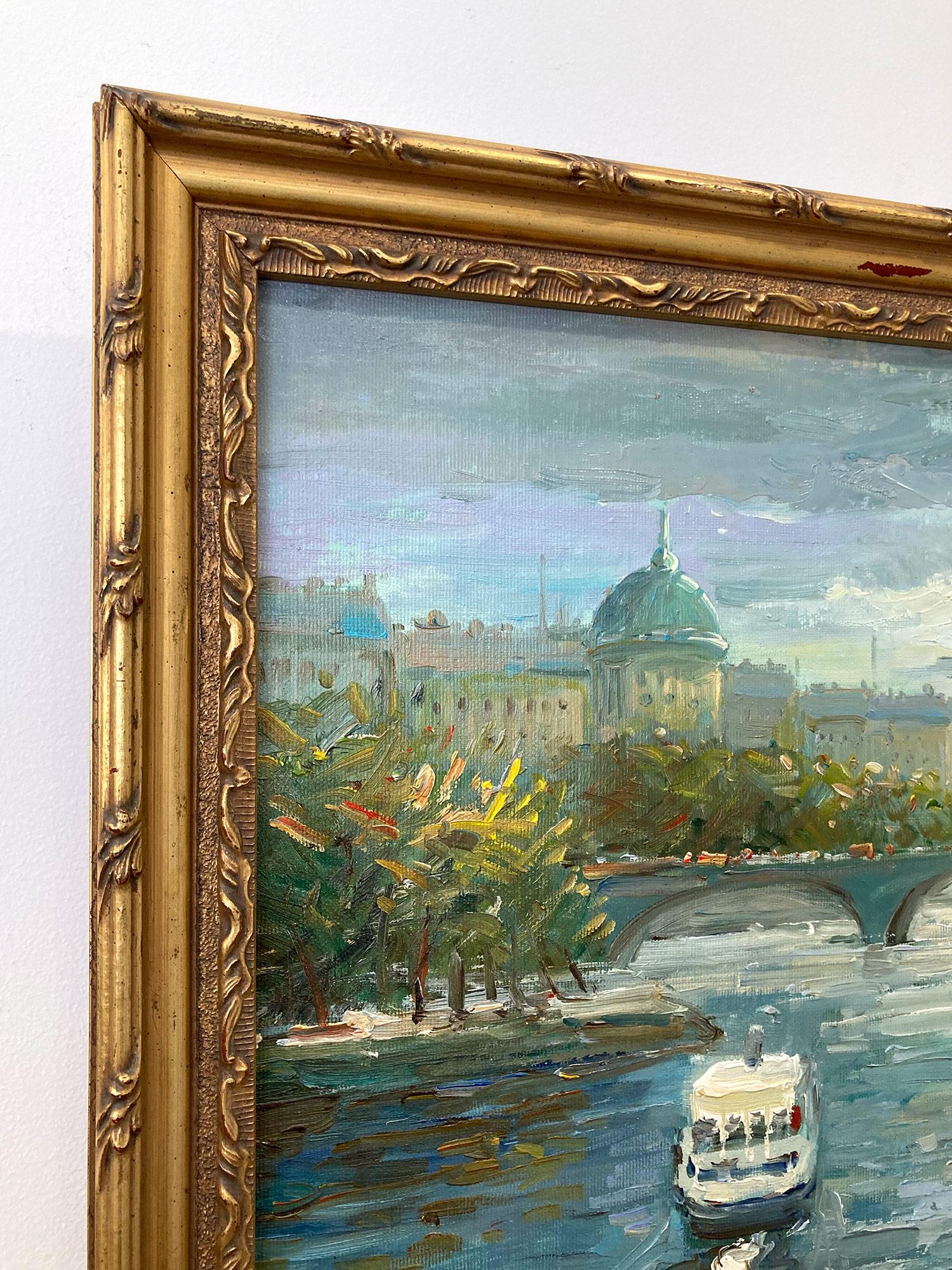 « Overlooking the Seine », peinture à l'huile post-impressionniste d'une scène de rue parisienne en vente 5