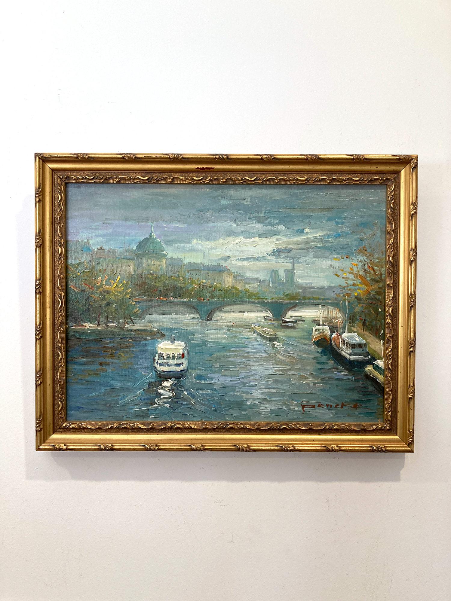 « Overlooking the Seine », peinture à l'huile post-impressionniste d'une scène de rue parisienne en vente 7