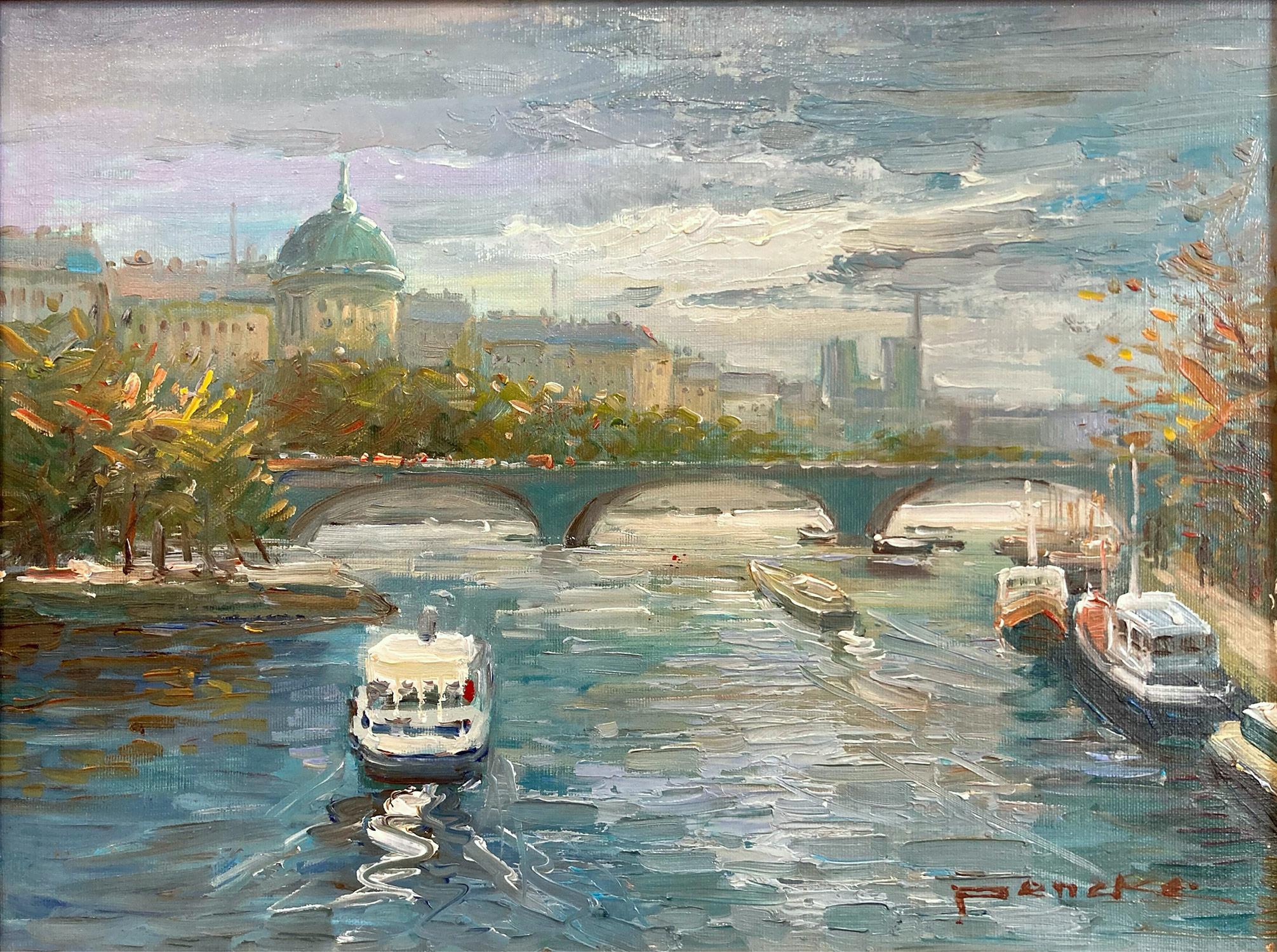 « Overlooking the Seine », peinture à l'huile post-impressionniste d'une scène de rue parisienne - Painting de Te Pencke