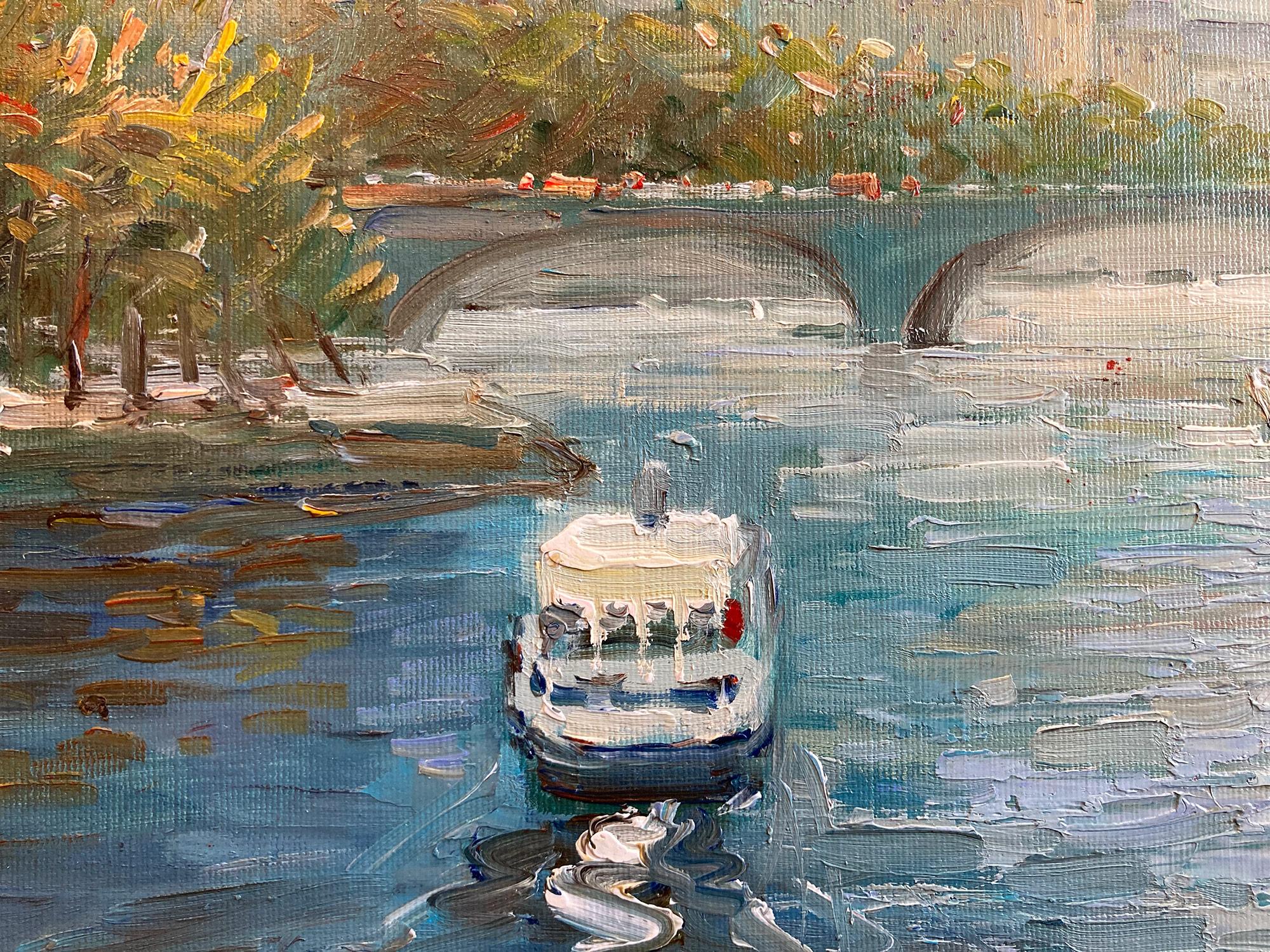 « Overlooking the Seine », peinture à l'huile post-impressionniste d'une scène de rue parisienne - Post-impressionnisme Painting par Te Pencke