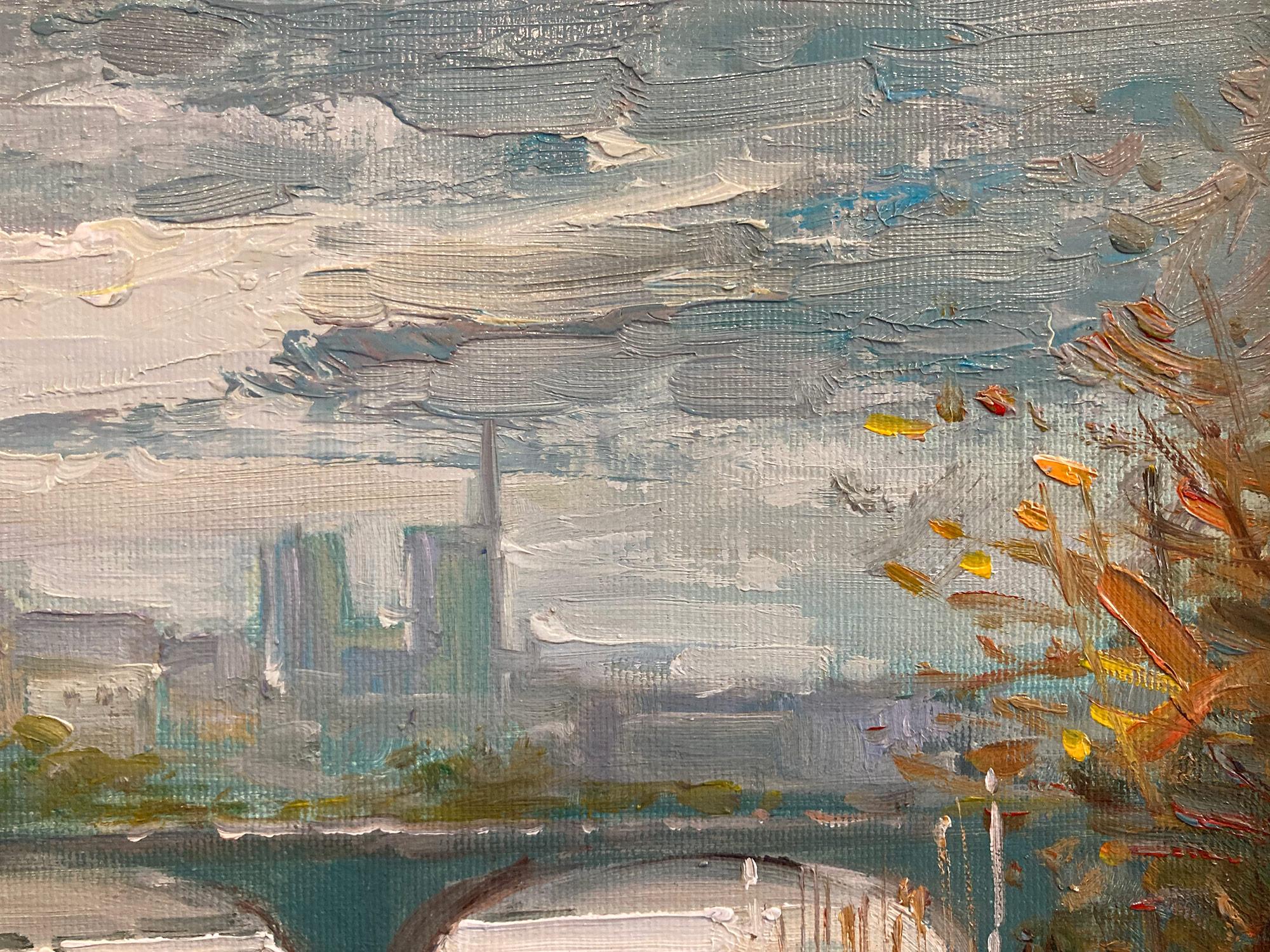 « Overlooking the Seine », peinture à l'huile post-impressionniste d'une scène de rue parisienne en vente 1