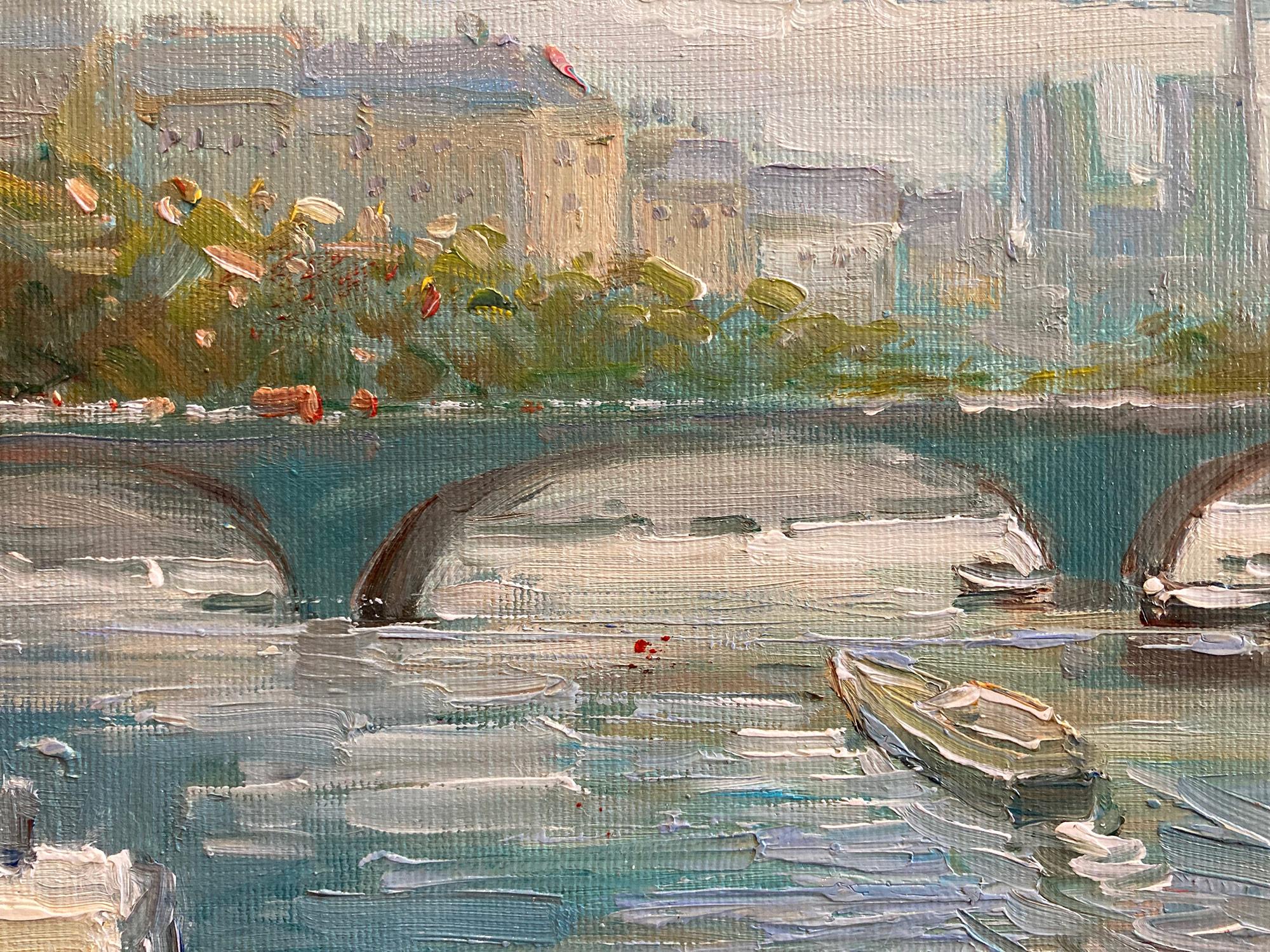 « Overlooking the Seine », peinture à l'huile post-impressionniste d'une scène de rue parisienne en vente 2