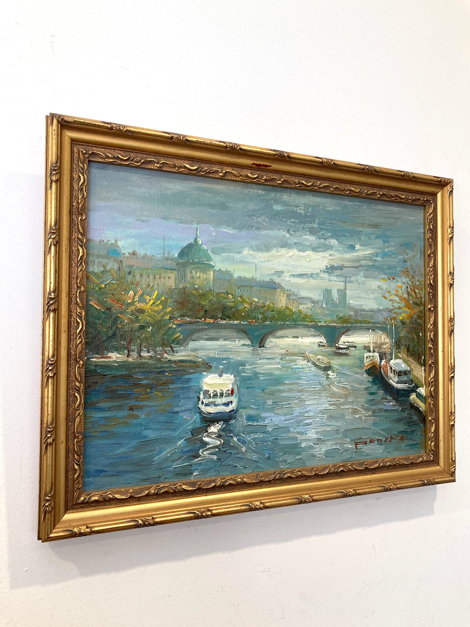 « Overlooking the Seine », peinture à l'huile post-impressionniste d'une scène de rue parisienne en vente 8