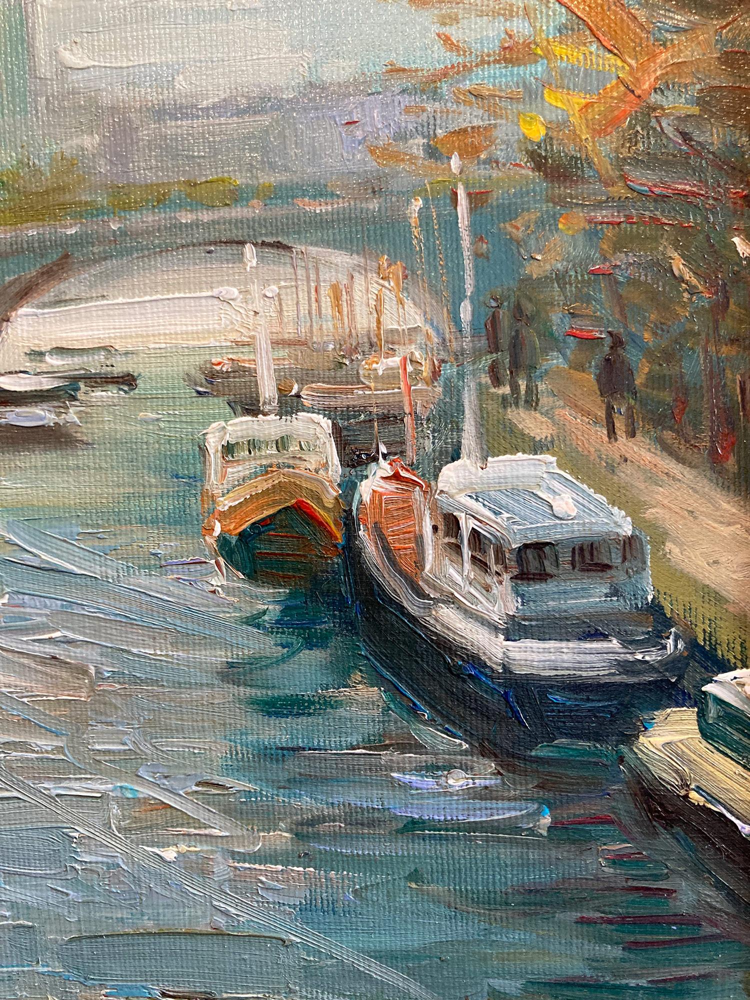 « Overlooking the Seine », peinture à l'huile post-impressionniste d'une scène de rue parisienne en vente 3