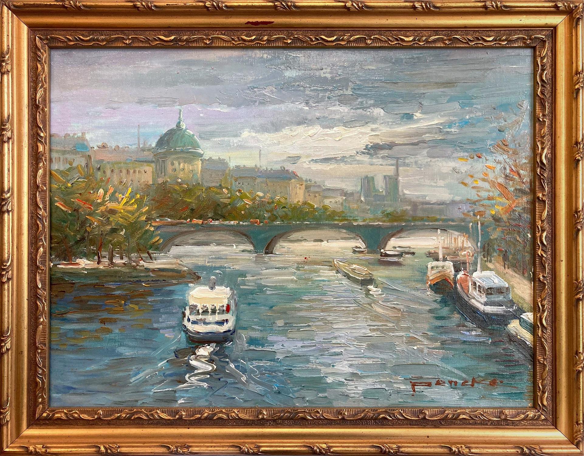Te Pencke Figurative Painting - "Overlooking the Seine" Post-Impressionist Parisian Street Scene Oil Painting