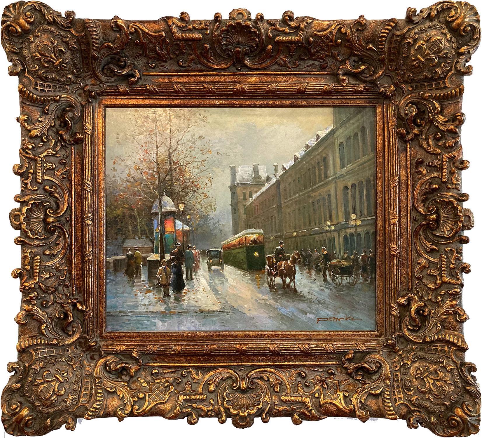 Te Pencke Figurative Painting - "Quai du Louvre" Post-Impressionist Parisian Street Scene Oil Painting Canvas