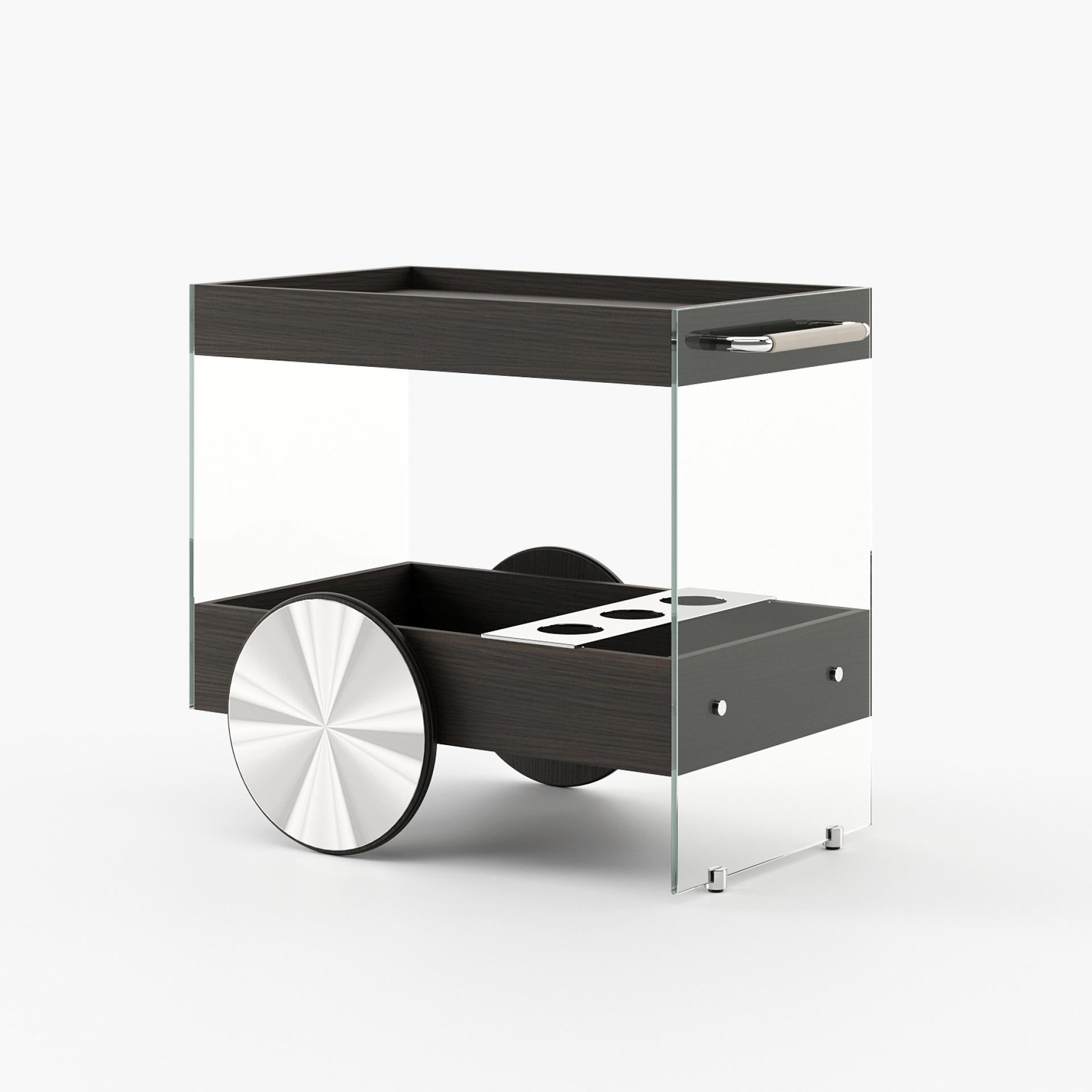 This is a stylish wheeled tea cart that combines industrial and mid-century modern design, crafted beautifully from wood and glass. Its sleek lines and mobility make it a practical and elegant piece for serving or displaying beverages in any living