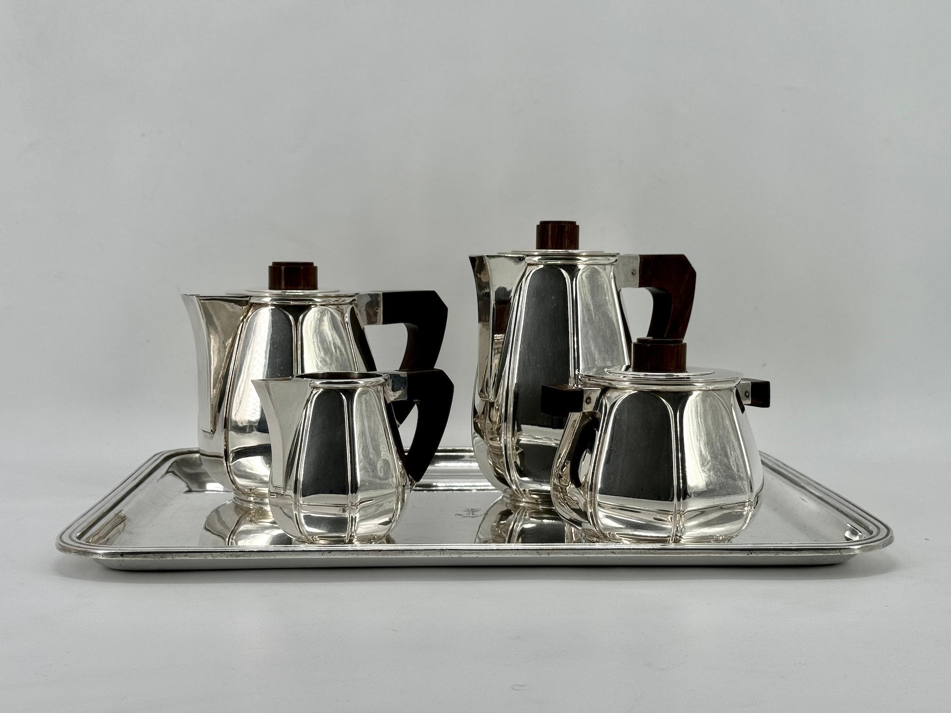 Silver Plate Tea Coffee Set by Christofle Model Liberia 1927 on Ercuis Tray  3