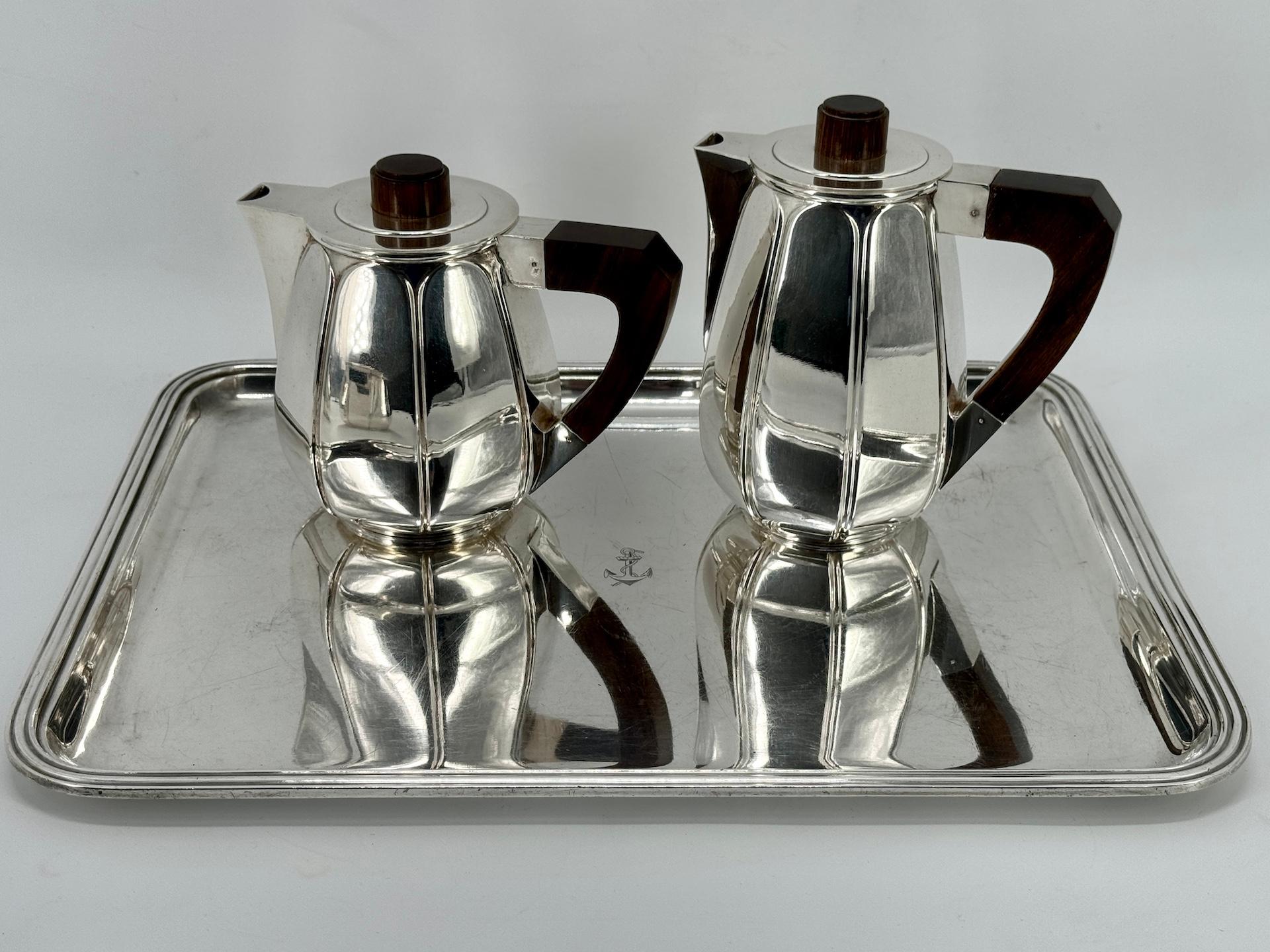Silver Plate Tea Coffee Set by Christofle Model Liberia 1927 on Ercuis Tray  5
