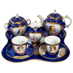 Tea and Coffee Service in Blue Porcelain Signed Sèvres XIXth Century
