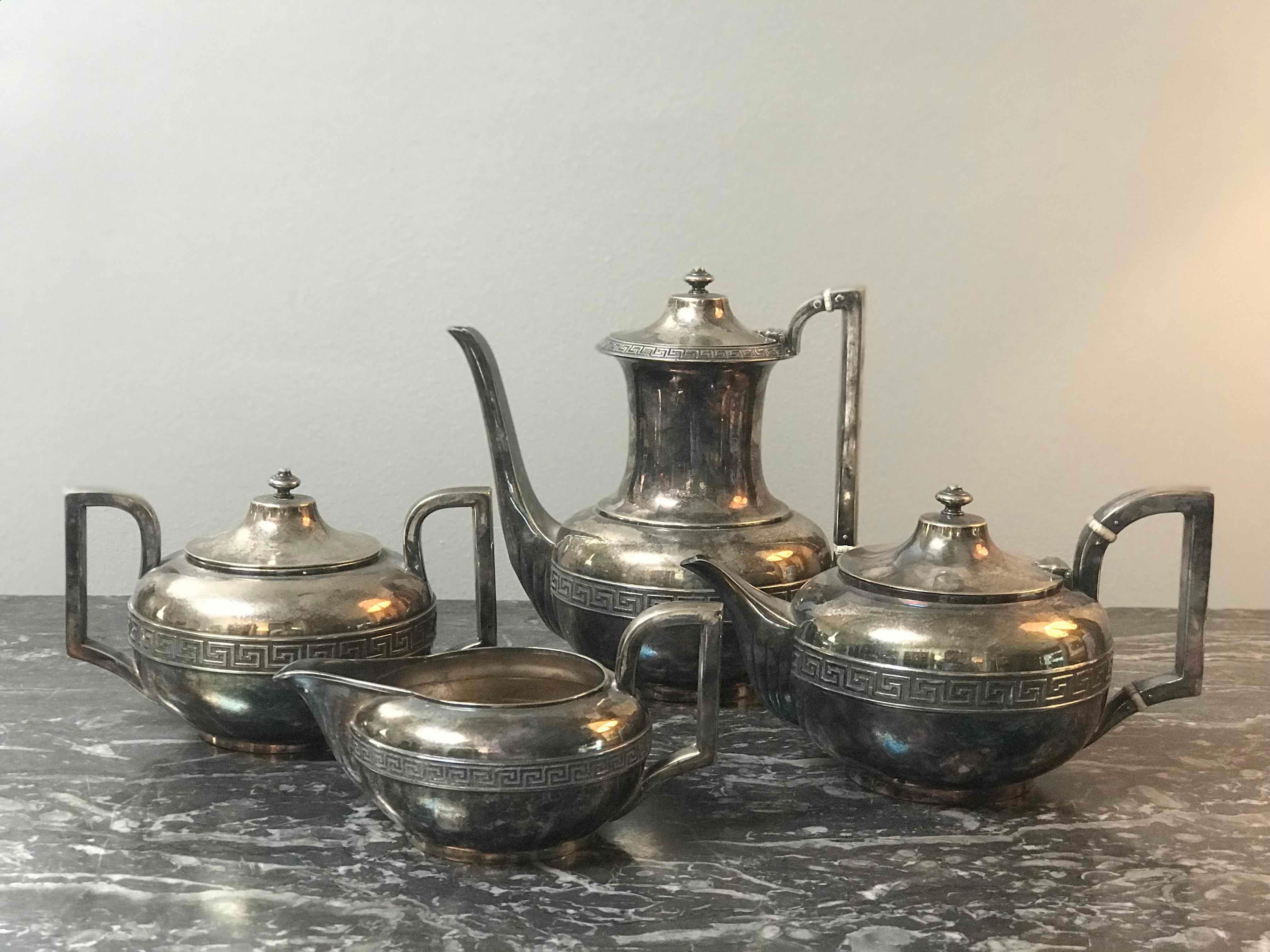 A four-piece Gorham silver plated tea and coffee set. This silver tea and coffee set features 4 pieces dating from the early 20th century. This is an excellent collection of silver for display. 