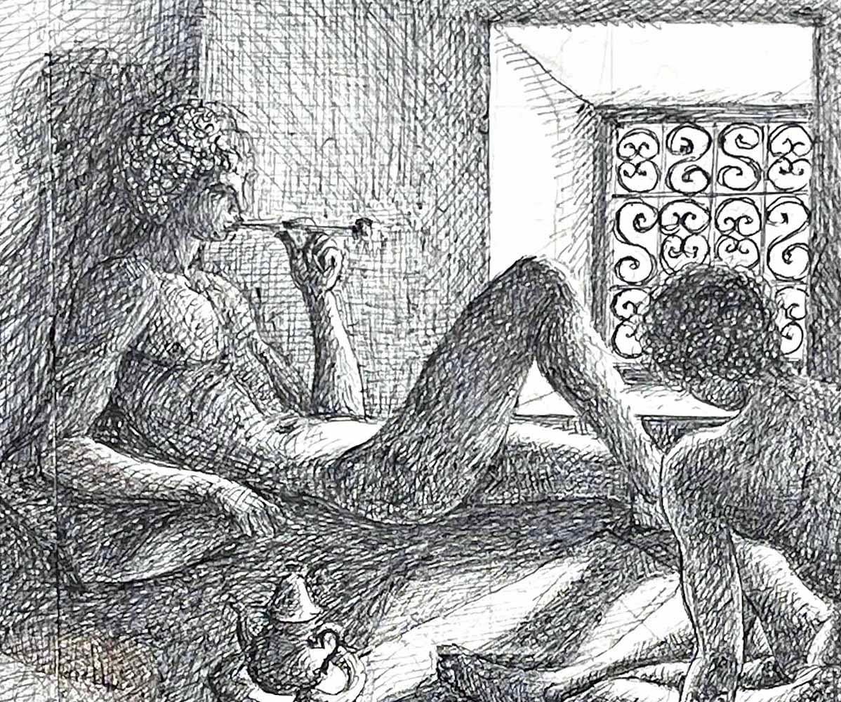 This classic and important drawing by Jacques Azéma depicts two Moroccan male youth in the hammam or bath house, relaxing in the nude and imbibing in tea and a pipe. Azéma was a French artist who become fascinated with Morocco and its people, and