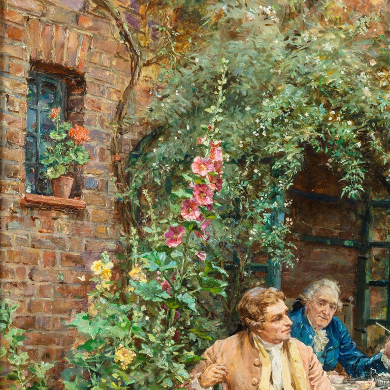‘Tea at the Vicarage’ by Margaret Dovaston, dated 1952, an oil painting showing four gentlemen having an earnest conversation over a cup of tea on a terrace outside a cottage garden, Margaret Dovaston, dated 1952. English.

Margaret Isabel