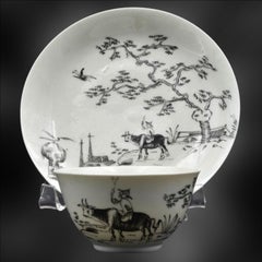 Tea Bowl and Saucer, Pencilled with Boy on a Buffalo, Worcester, circa 1755